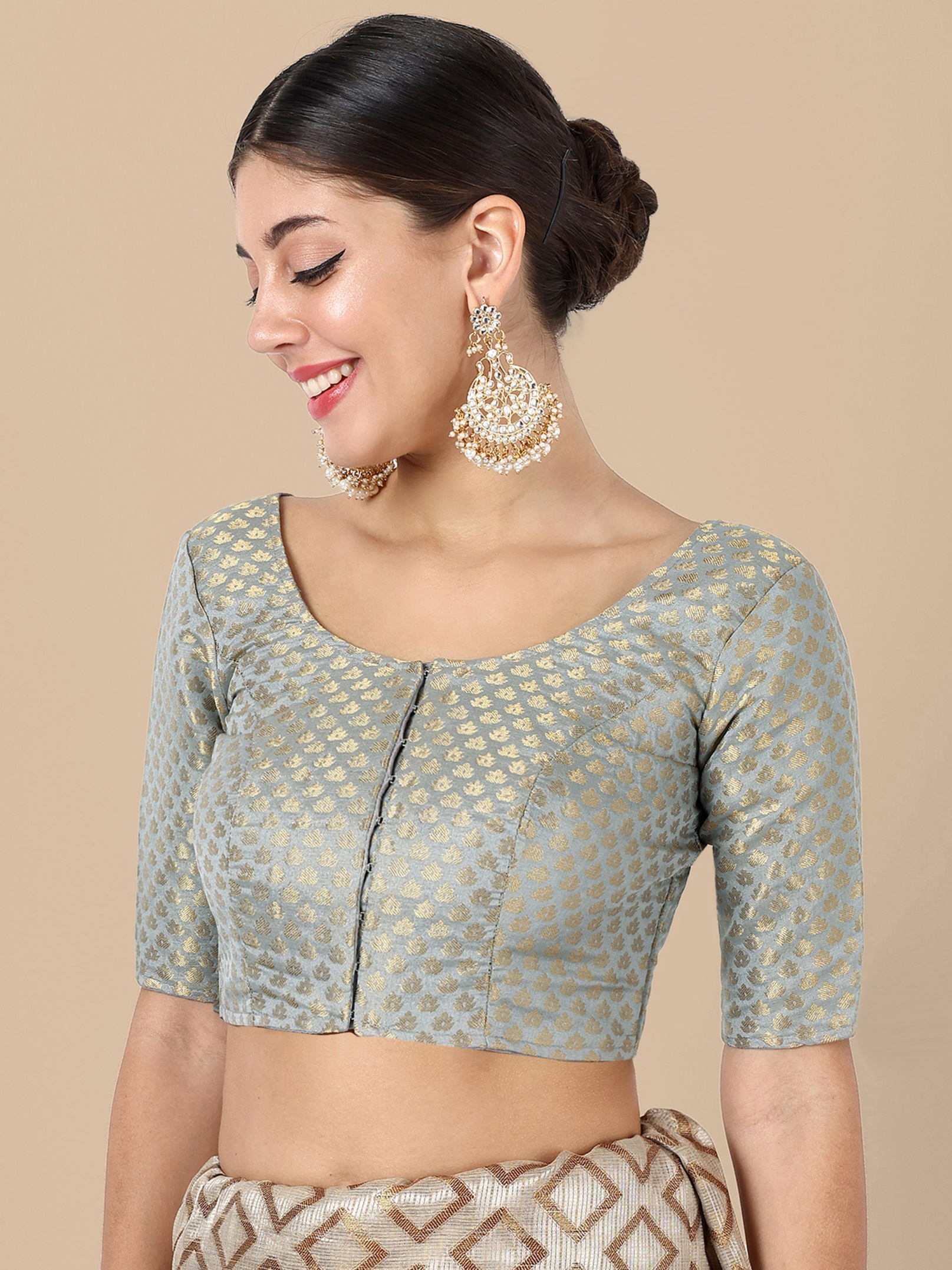 Grey Banarasi Silk Jacquard Readymade Blouse