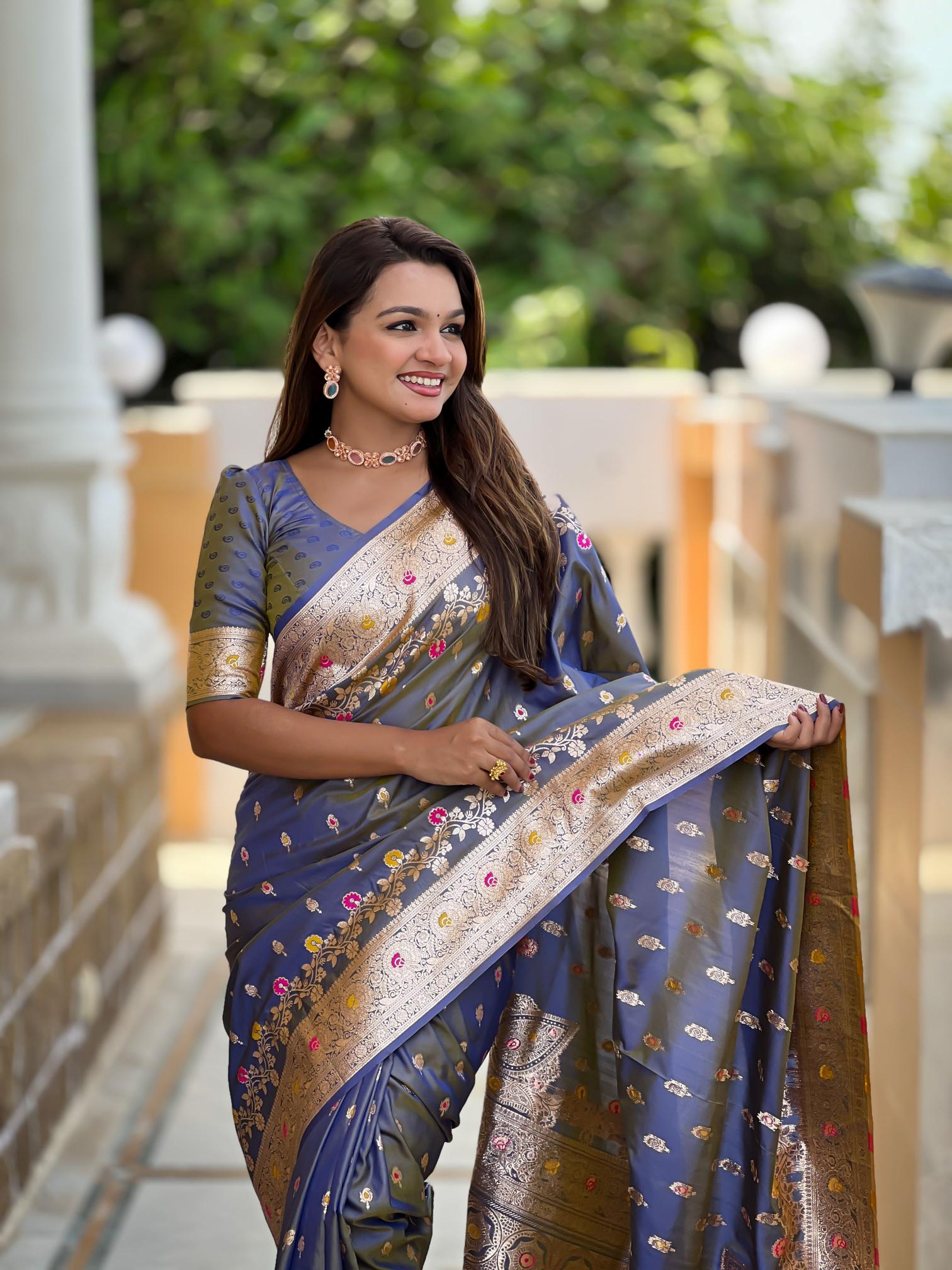 Grey Banarasi Silk Saree