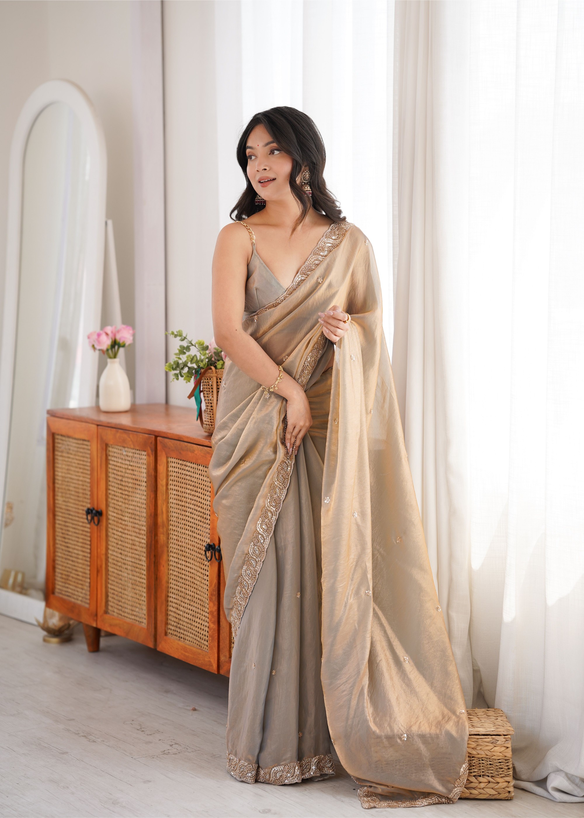 Grey Beads Pearl Fendy Satin Saree