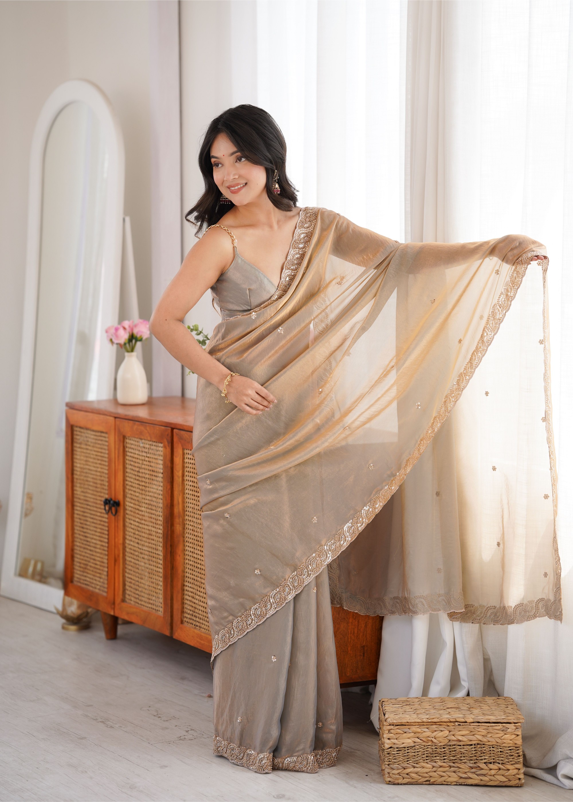 Grey Beads Pearl Fendy Satin Saree — alternate view
