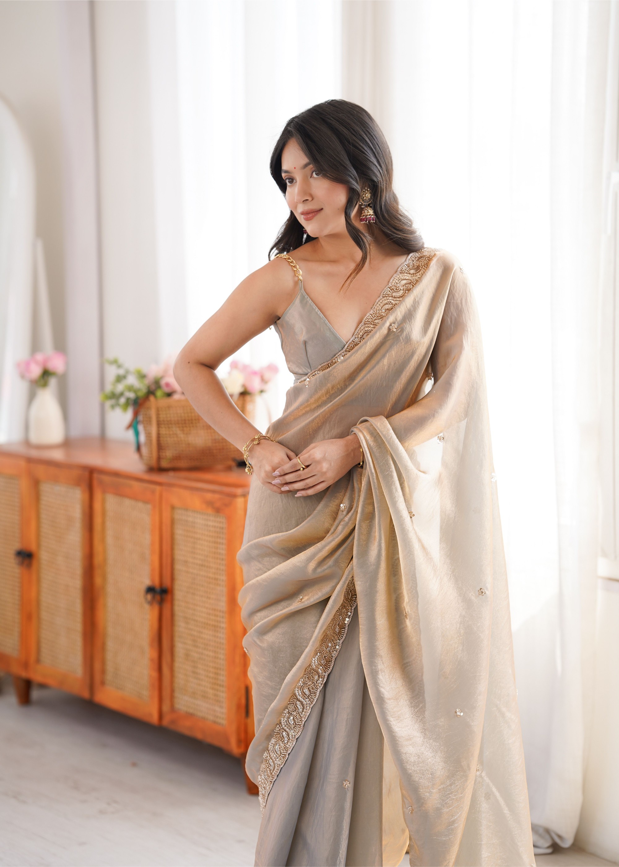Grey Beads Pearl Fendy Satin Saree