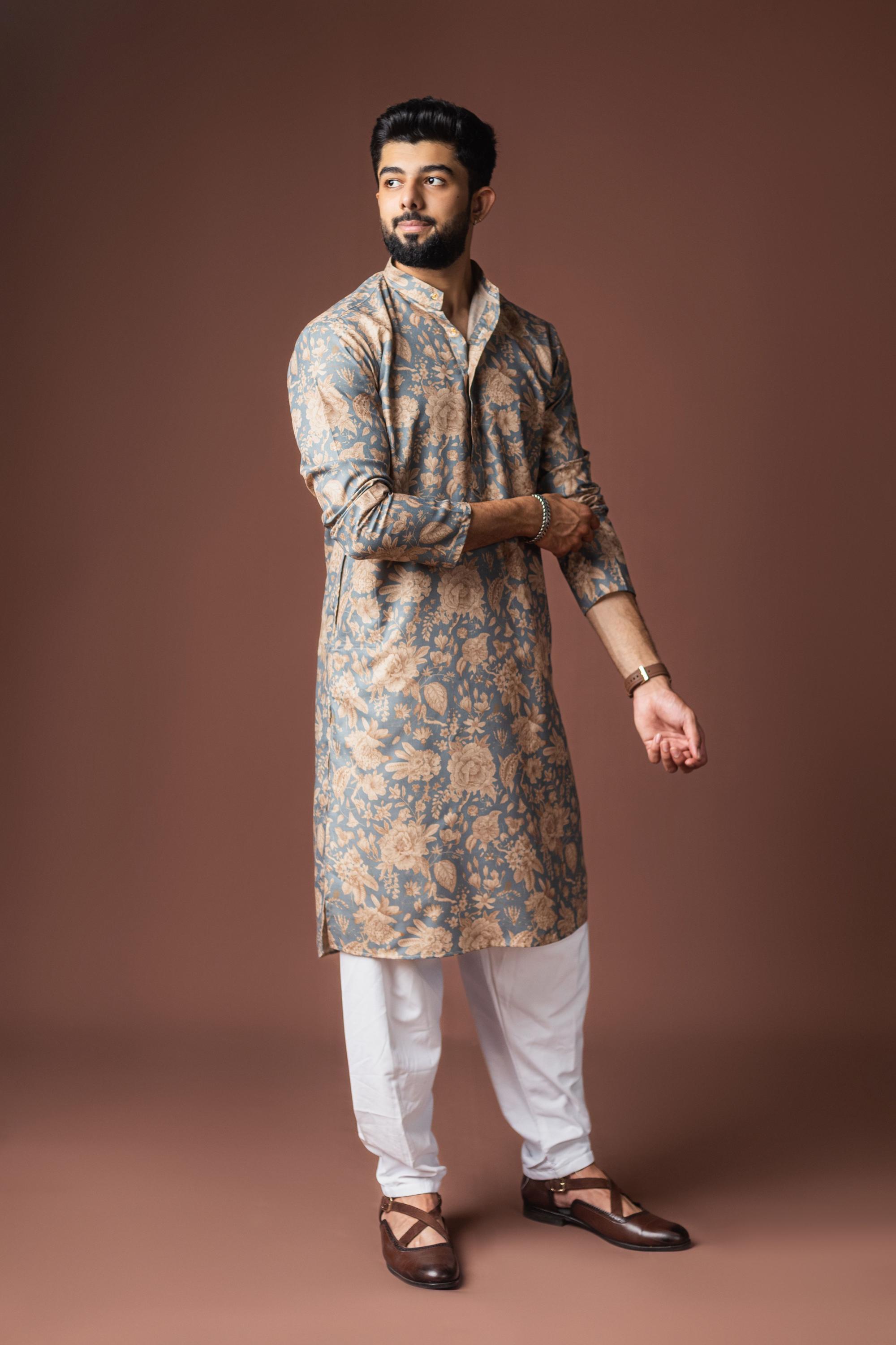 Grey Blended Linen Kurta Payjama