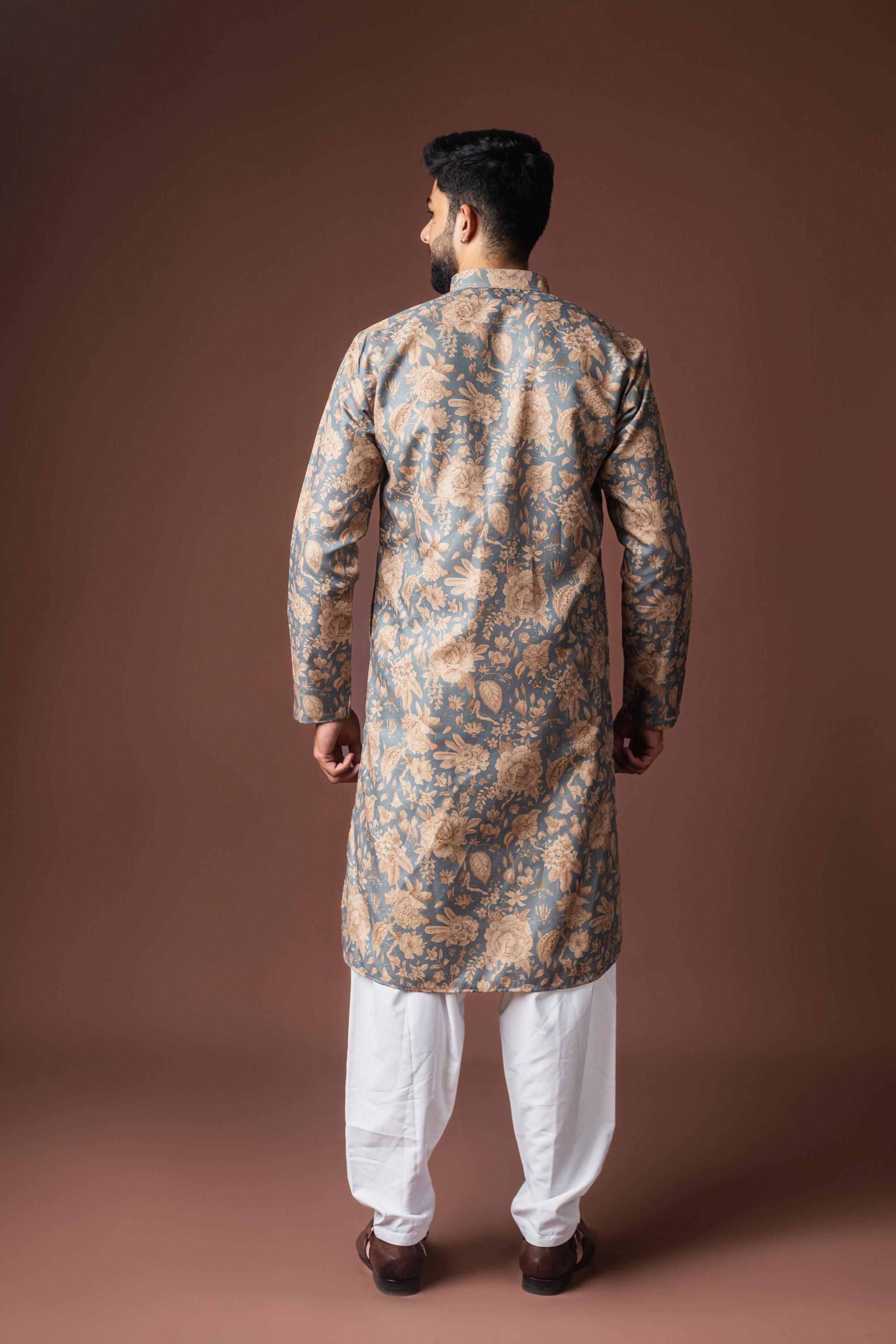 Grey Blended Linen Kurta Payjama