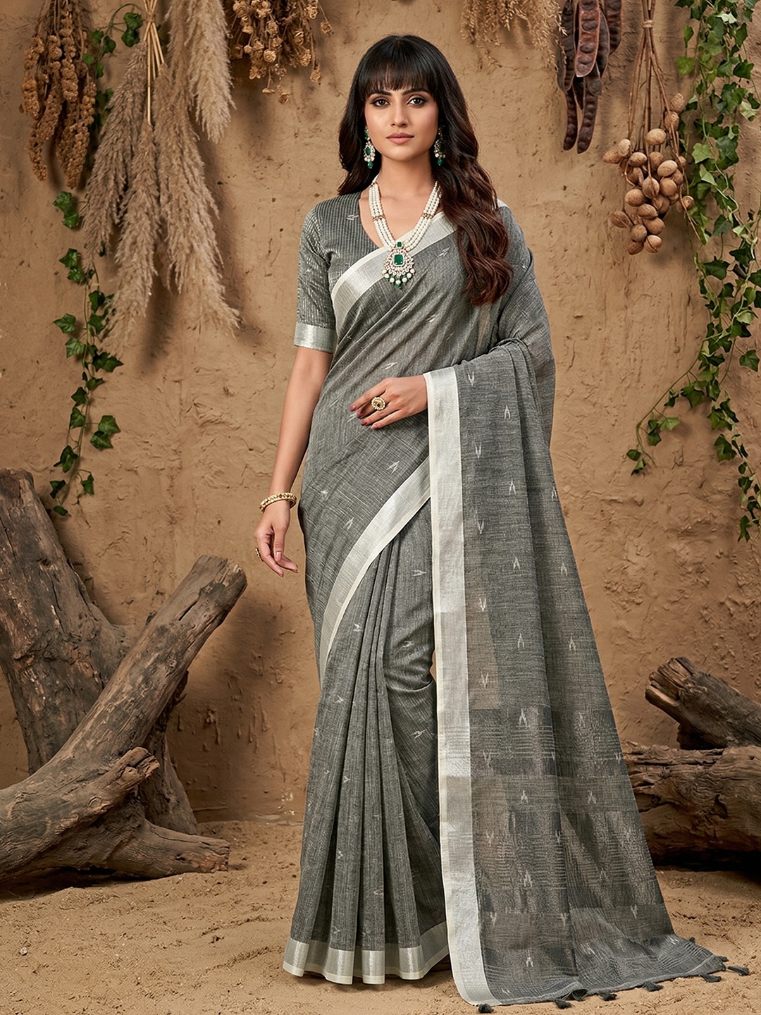 Grey Border Embroidery Linen Saree