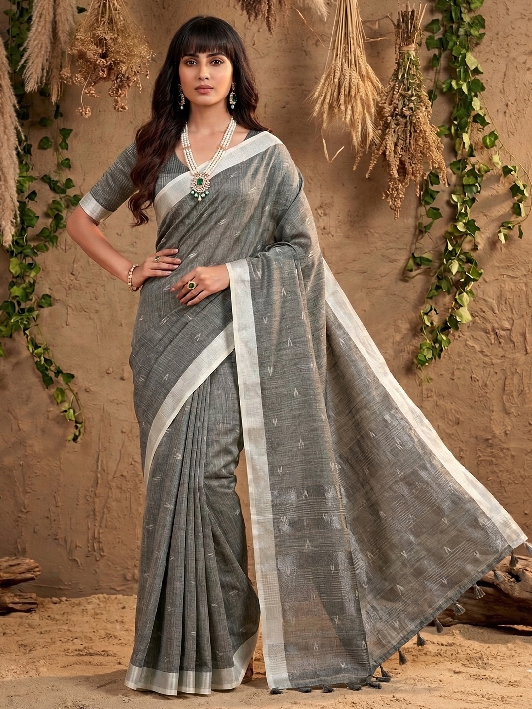 Grey Border Embroidery Linen Saree