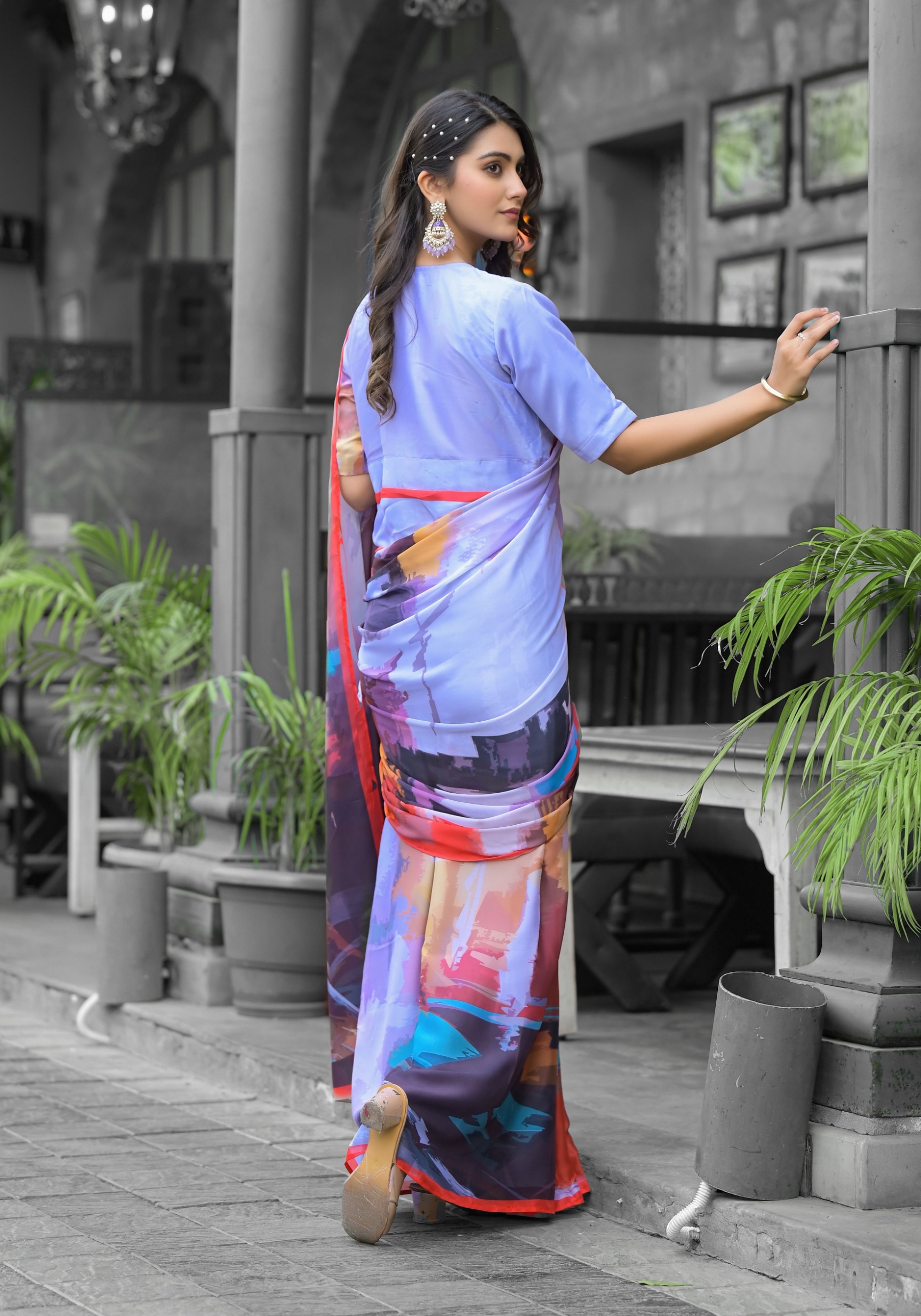 Grey Brushstroke Digital Georgette Saree Gown — alternate view