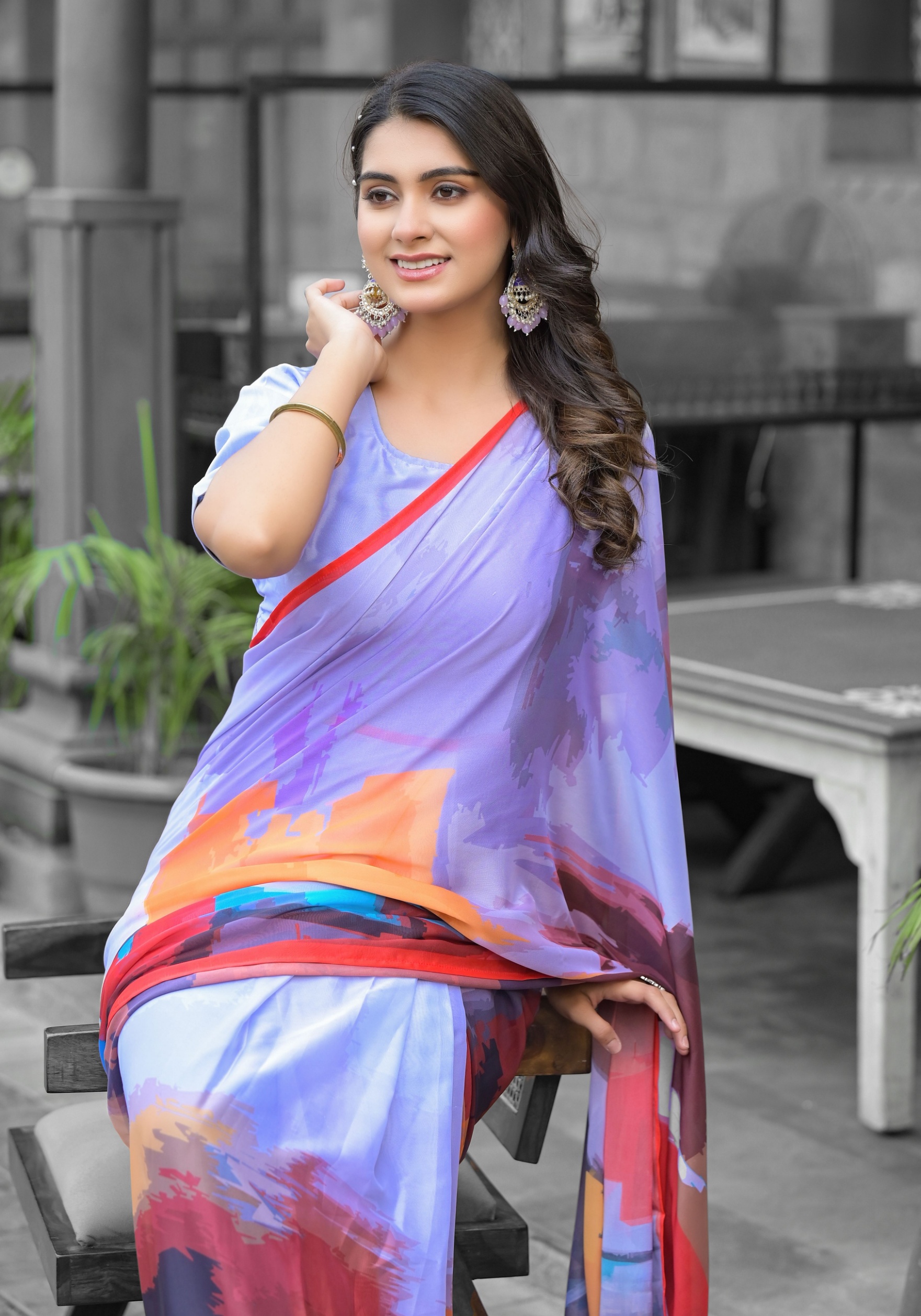 Grey Brushstroke Digital Georgette Saree Gown