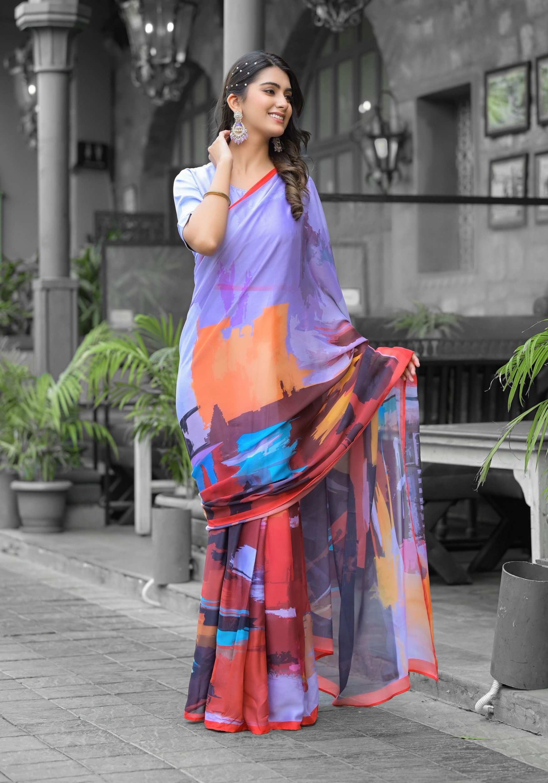 Grey Brushstroke Digital Georgette Saree Gown