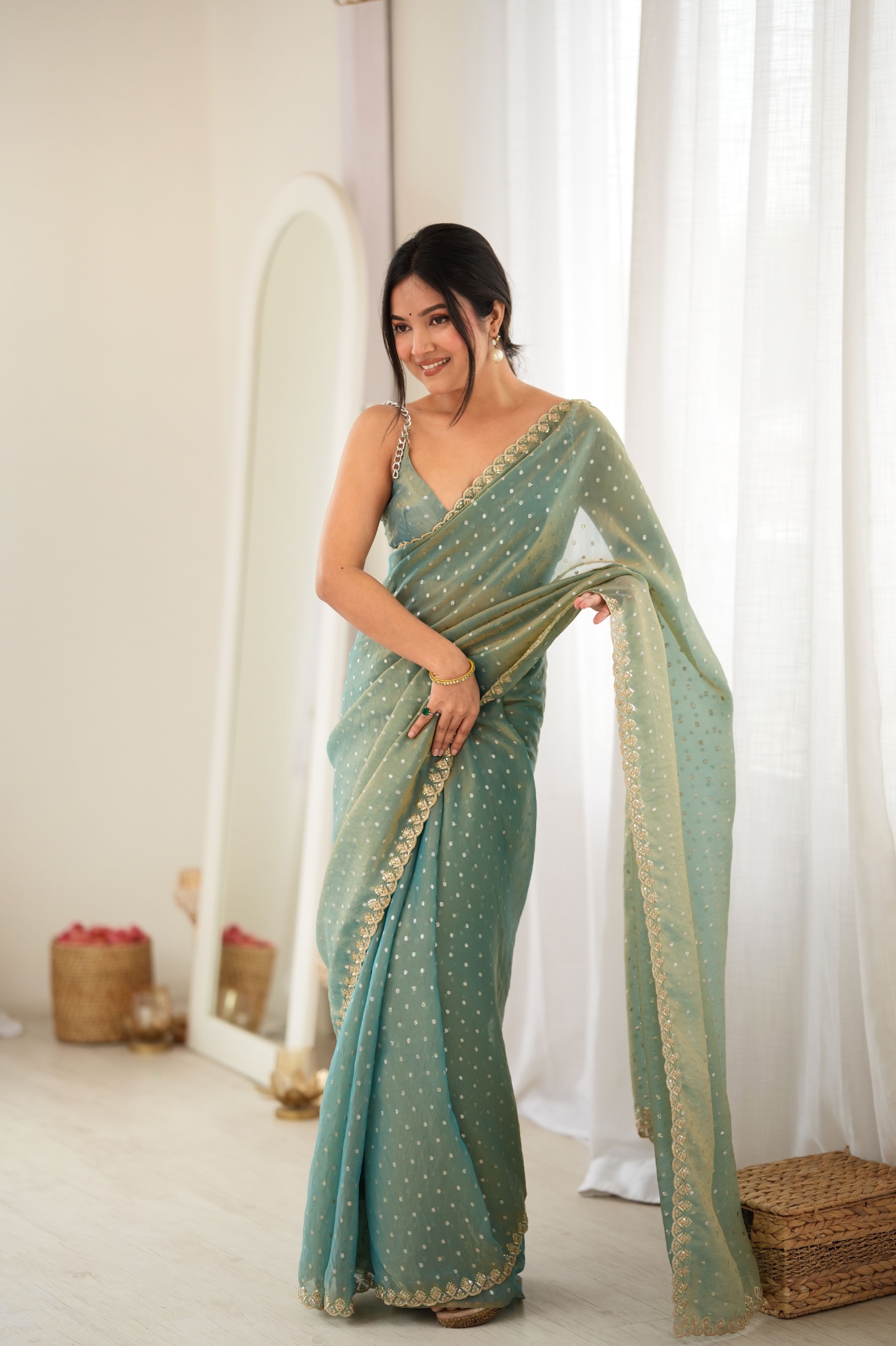 Grey Butti Embroidery Moss Butti Saree