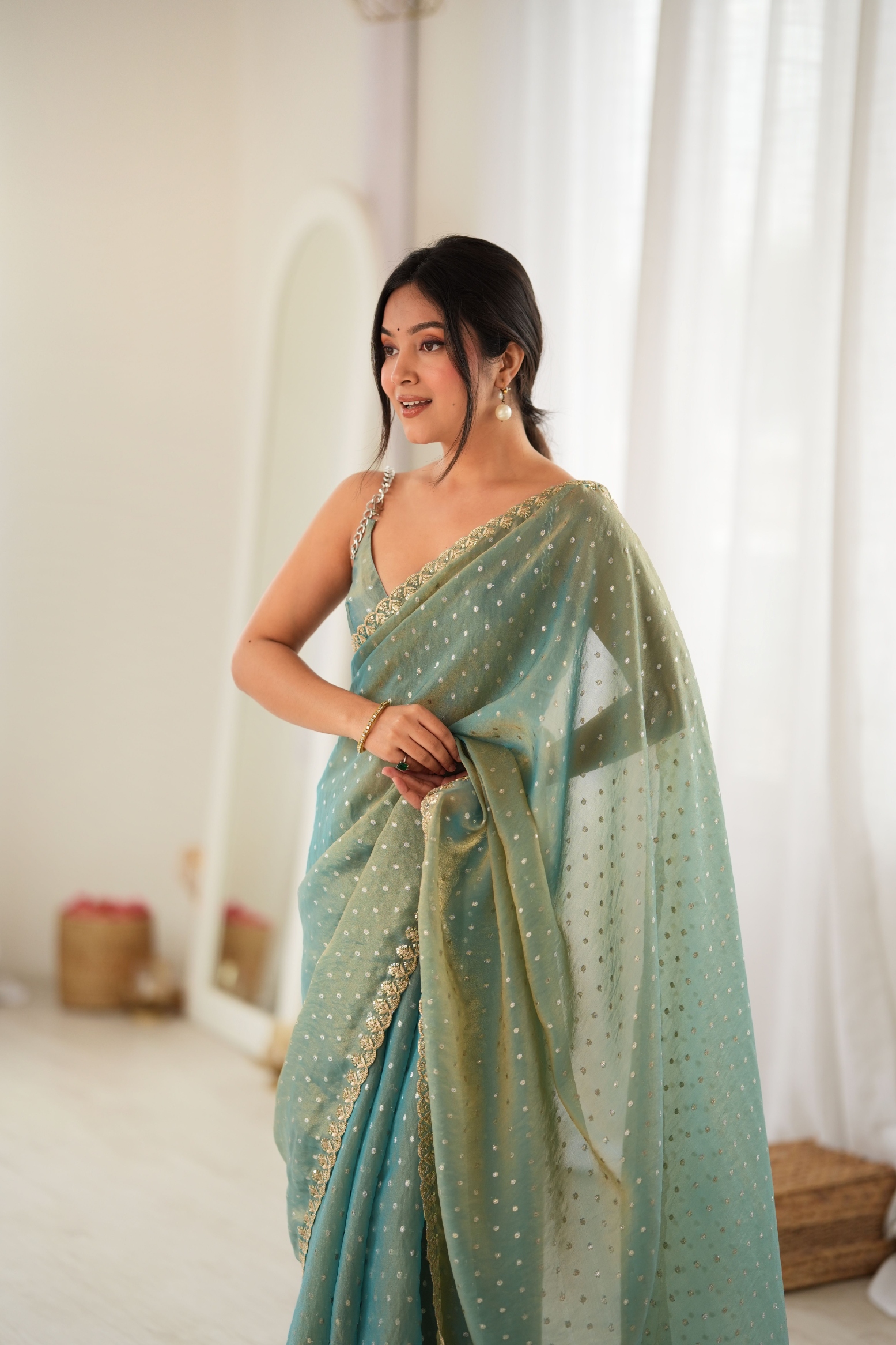 Grey Butti Embroidery Moss Butti Saree — alternate view