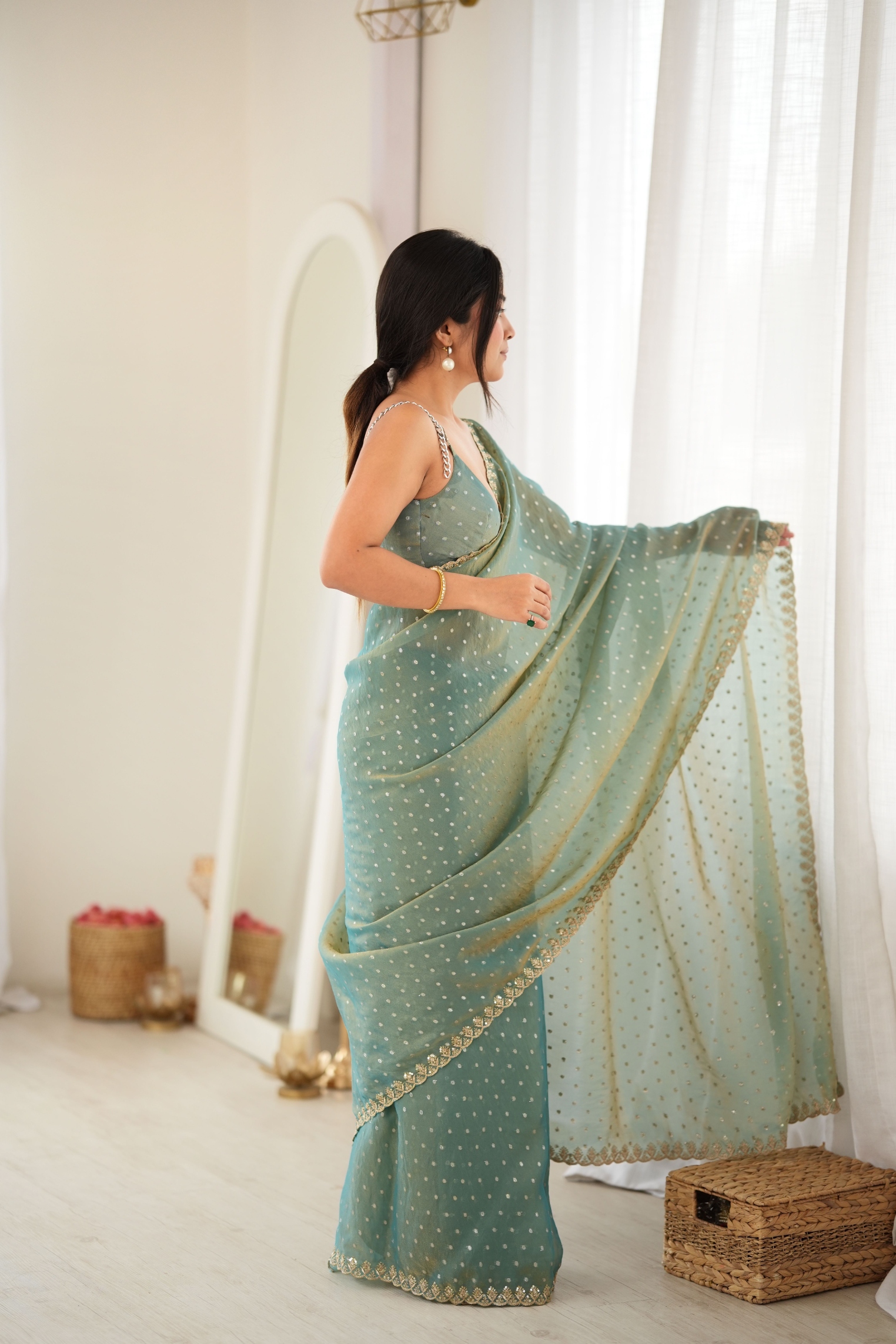 Grey Butti Embroidery Moss Butti Saree