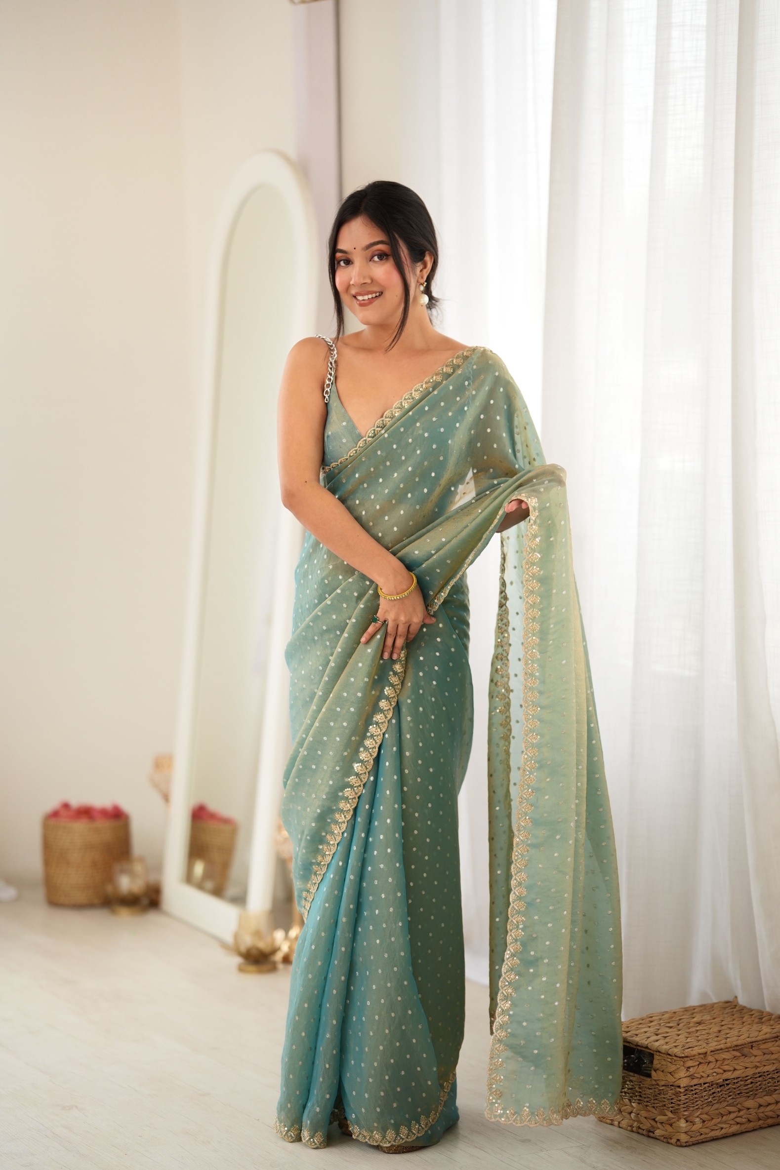 Grey Butti Embroidery Moss Butti Saree