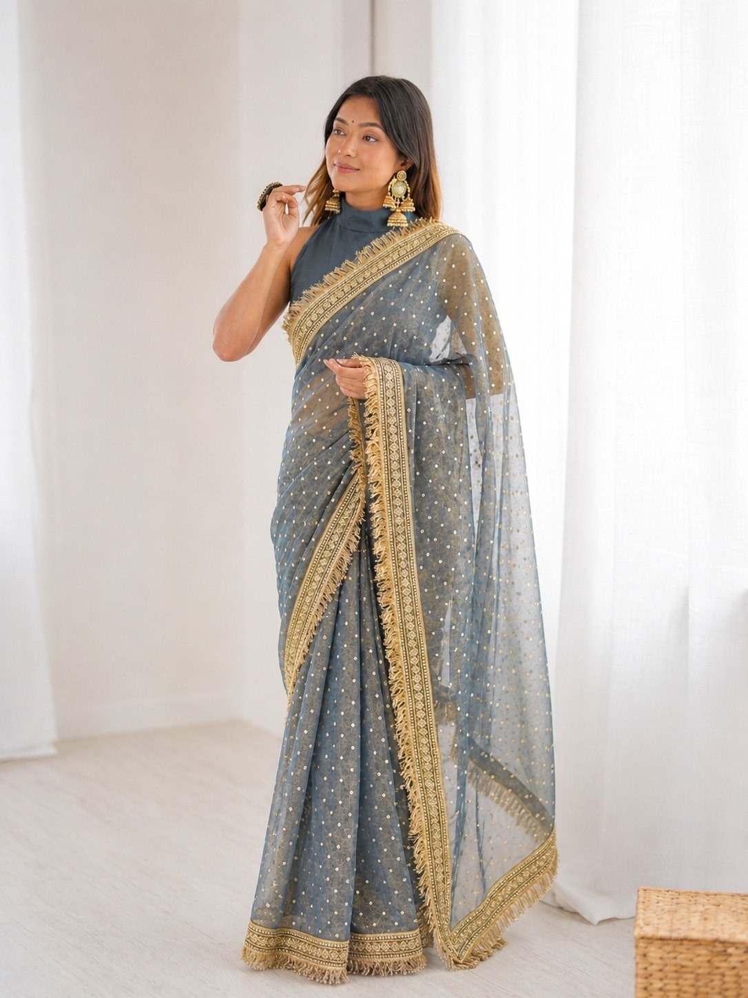Grey Butti Lace Border Silk Saree