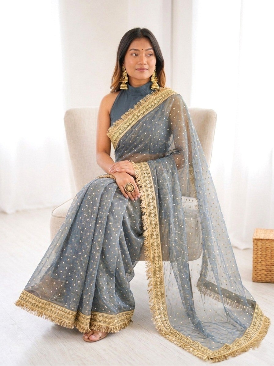 Grey Butti Lace Border Silk Saree — alternate view