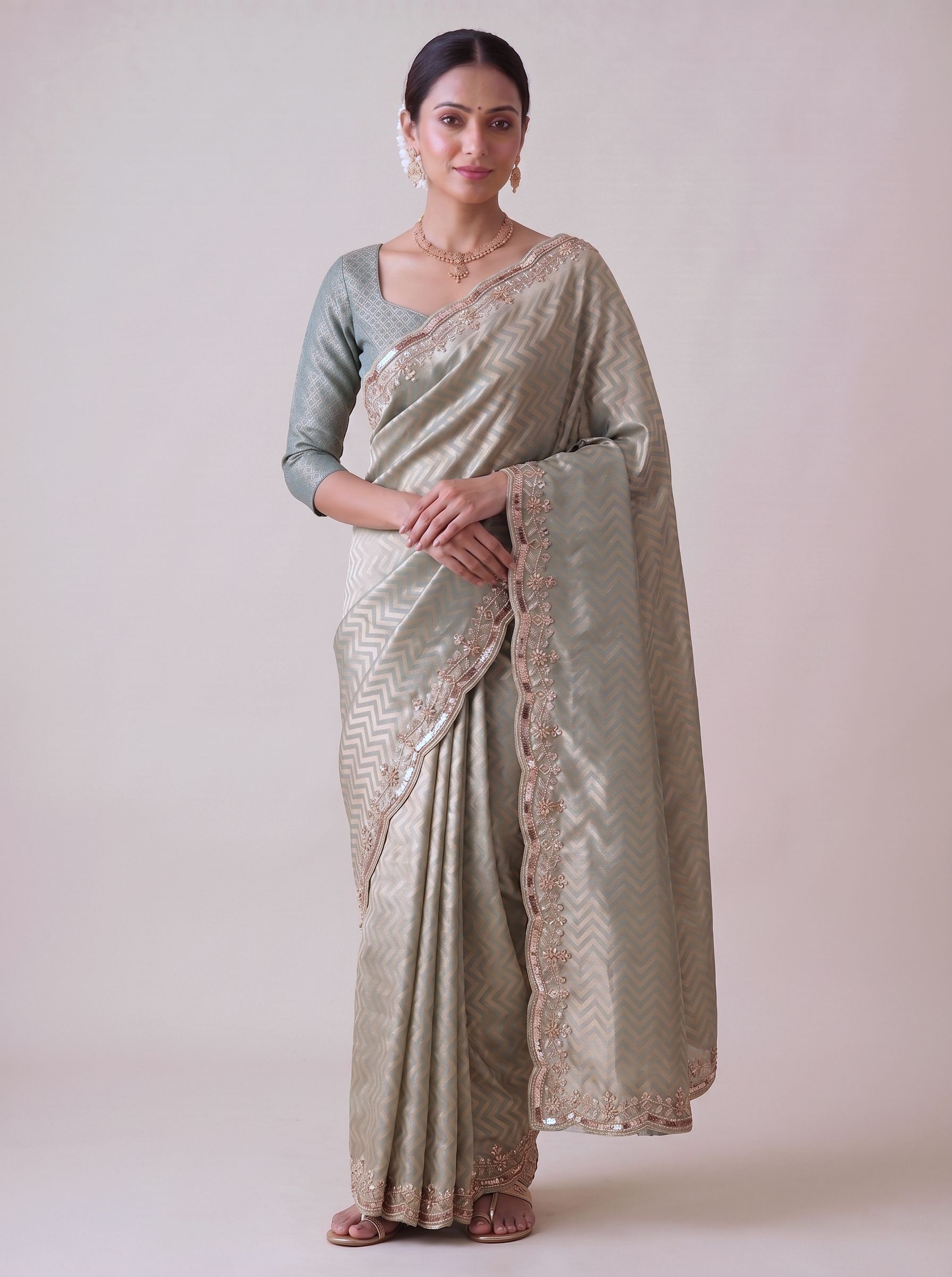 Grey Chevron Hand Work Banarasi Silk Saree