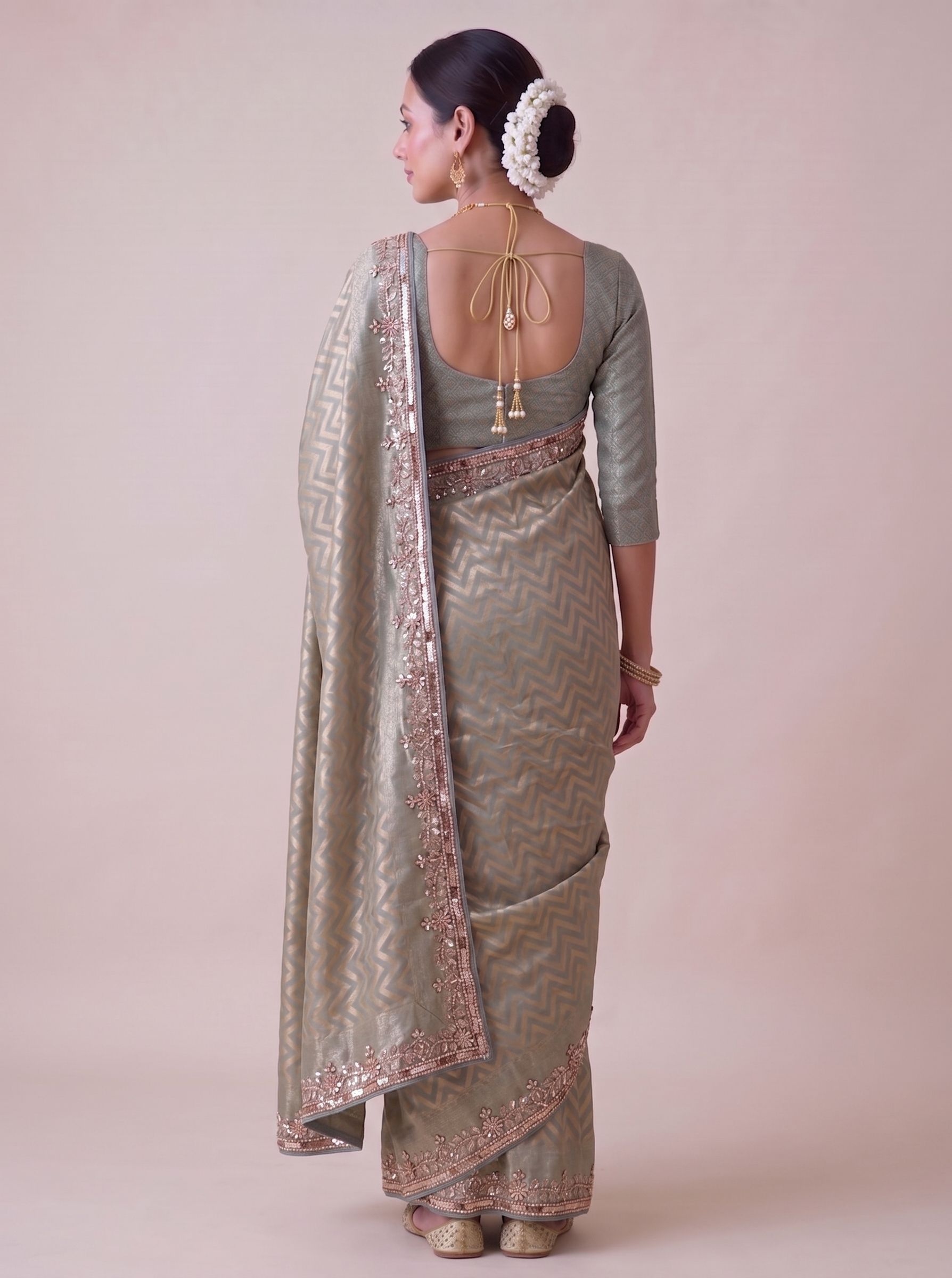 Grey Chevron Hand Work Banarasi Silk Saree — alternate view