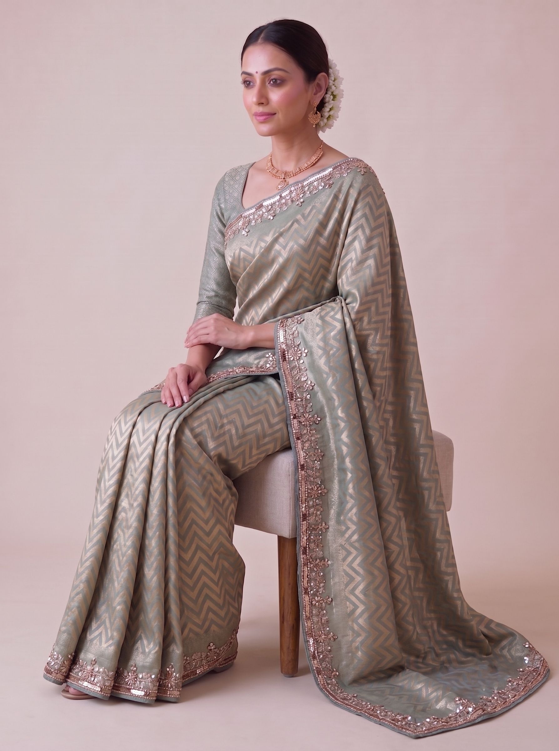 Grey Chevron Hand Work Banarasi Silk Saree