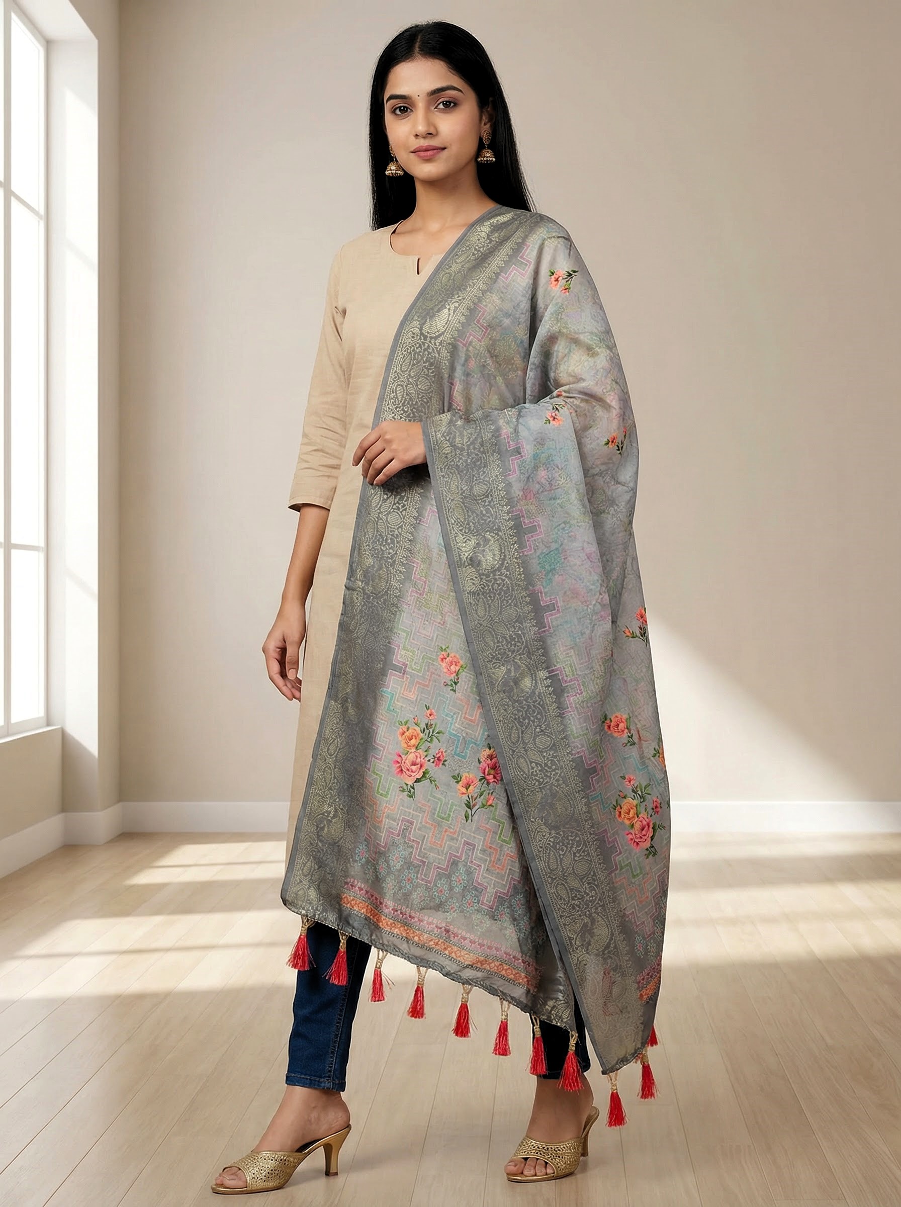 Grey Chevron Pattern Print Jacquard Silk Designer Dupatta