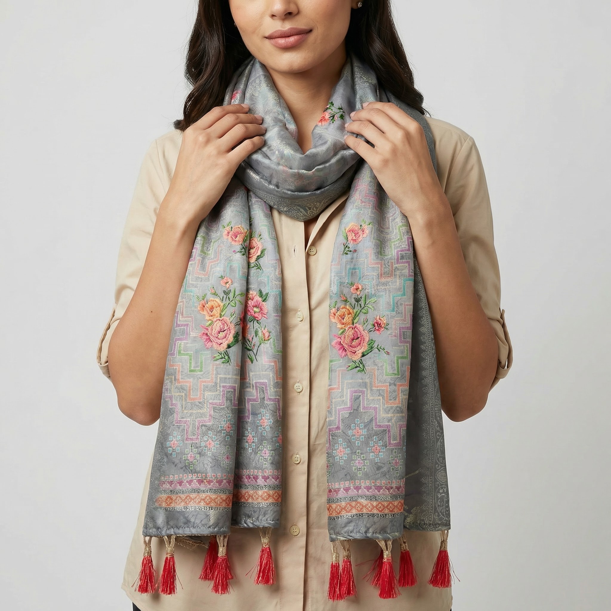Grey Chevron Pattern Print Jacquard Silk Designer Dupatta — alternate view