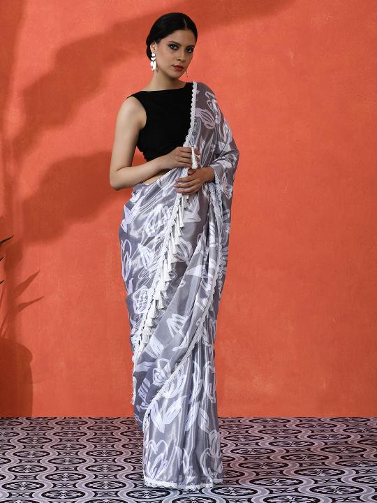 Grey Chinnon Digital Printed Saree