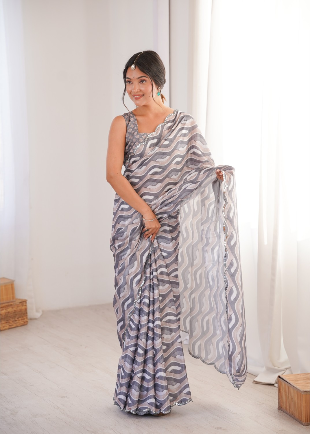 Grey Chinon Abstract Printed Mirror Work Saree