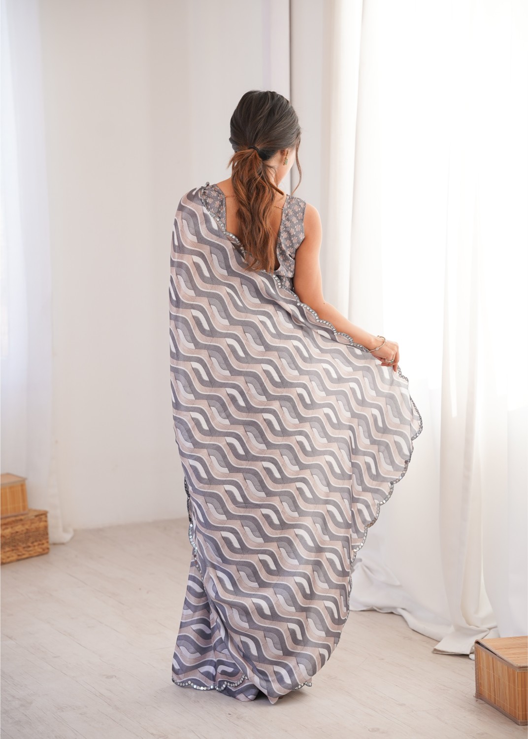 Grey Chinon Abstract Printed Mirror Work Saree — alternate view