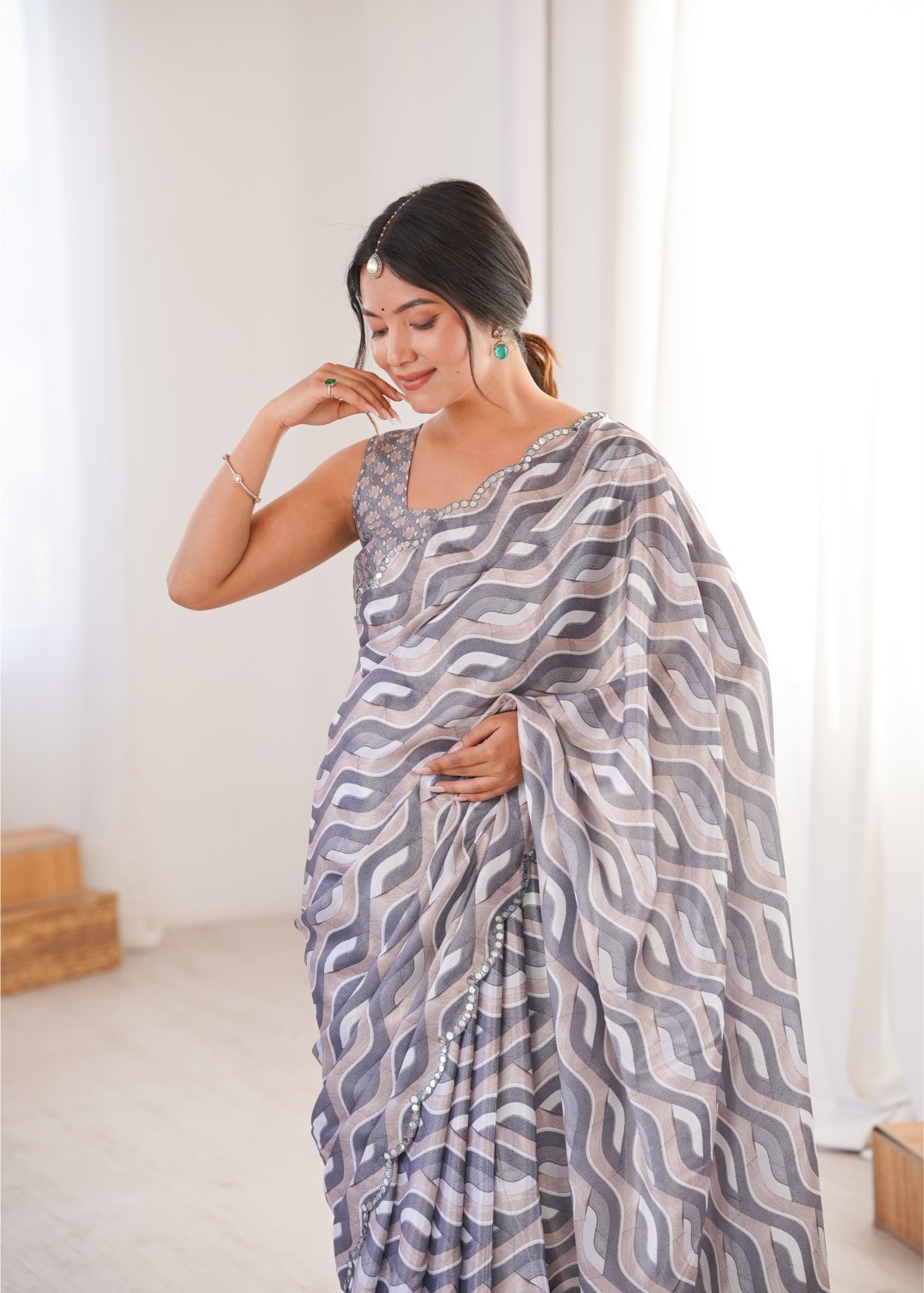 Grey Chinon Abstract Printed Mirror Work Saree