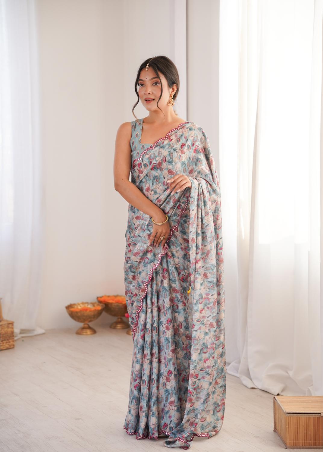 Grey Chinon Digital Printed Mirror Cut Work Saree