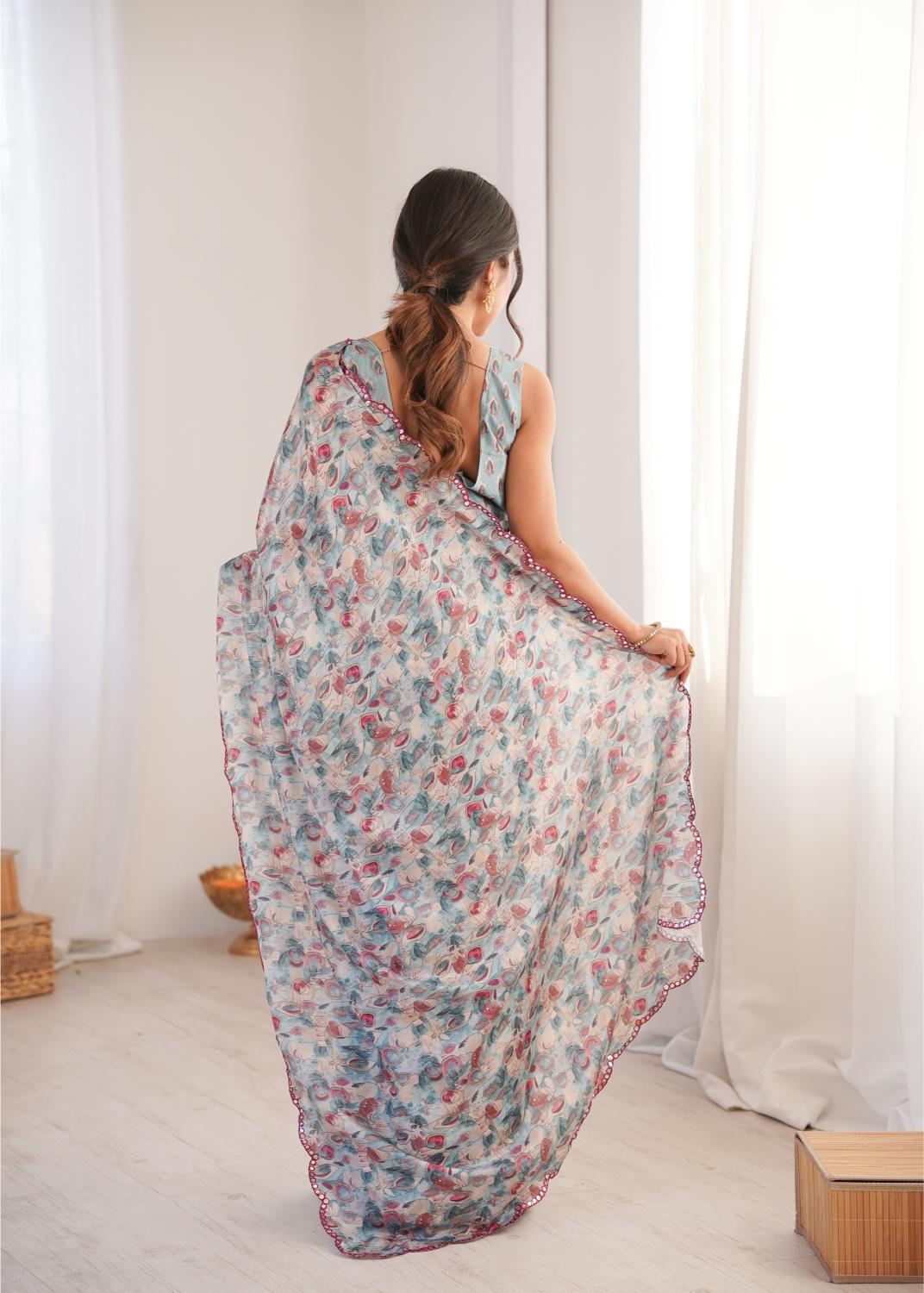 Grey Chinon Digital Printed Mirror Cut Work Saree — alternate view