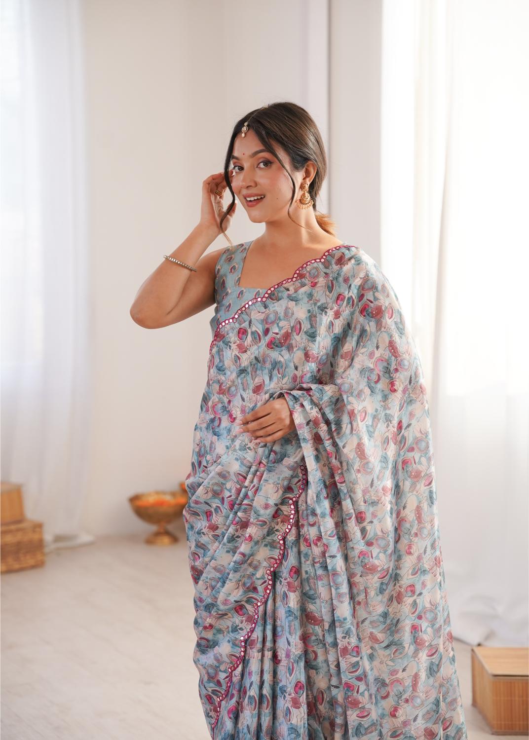Grey Chinon Digital Printed Mirror Cut Work Saree