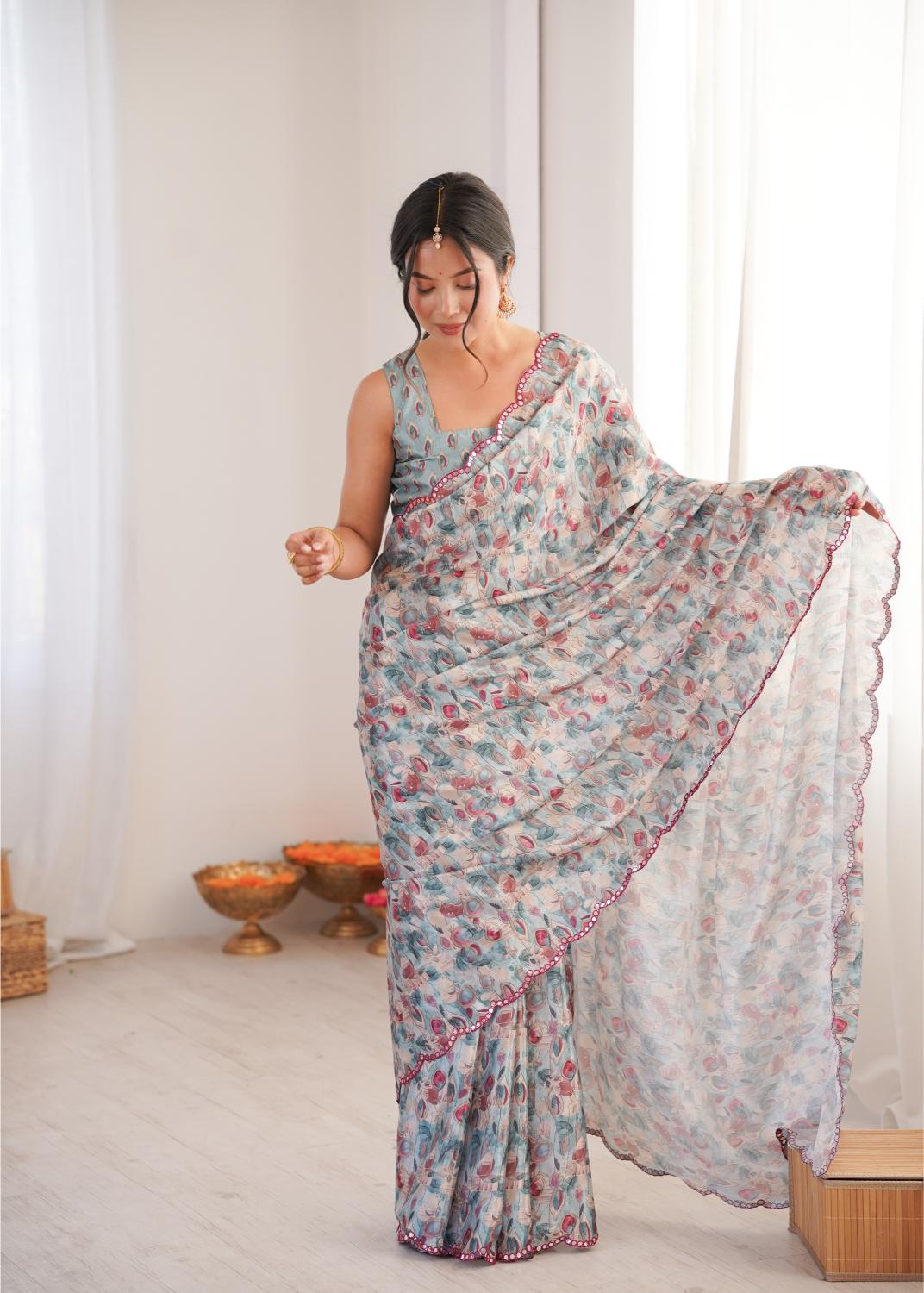 Grey Chinon Digital Printed Mirror Cut Work Saree