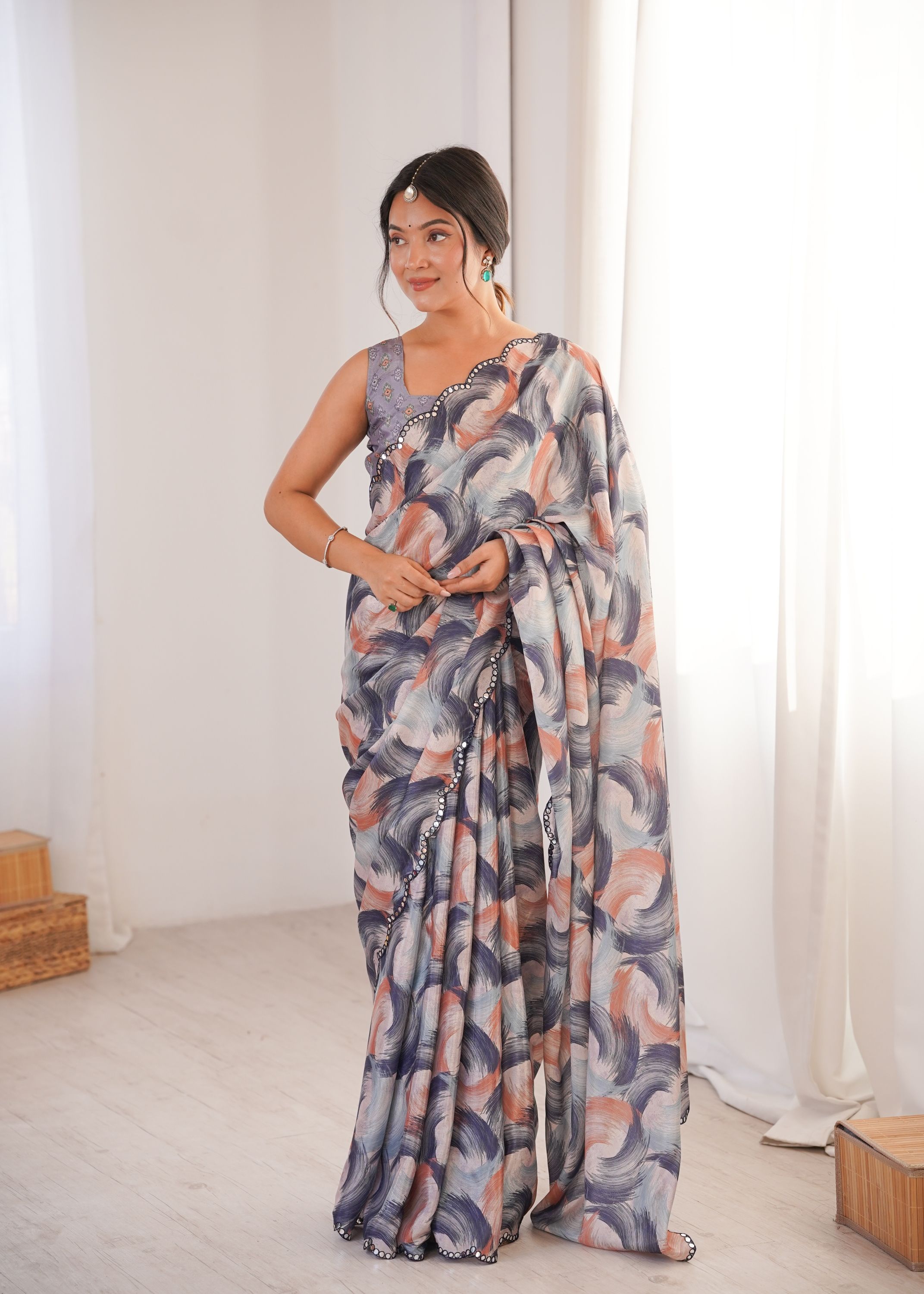 Grey Chinon Printed Mirror Work Saree