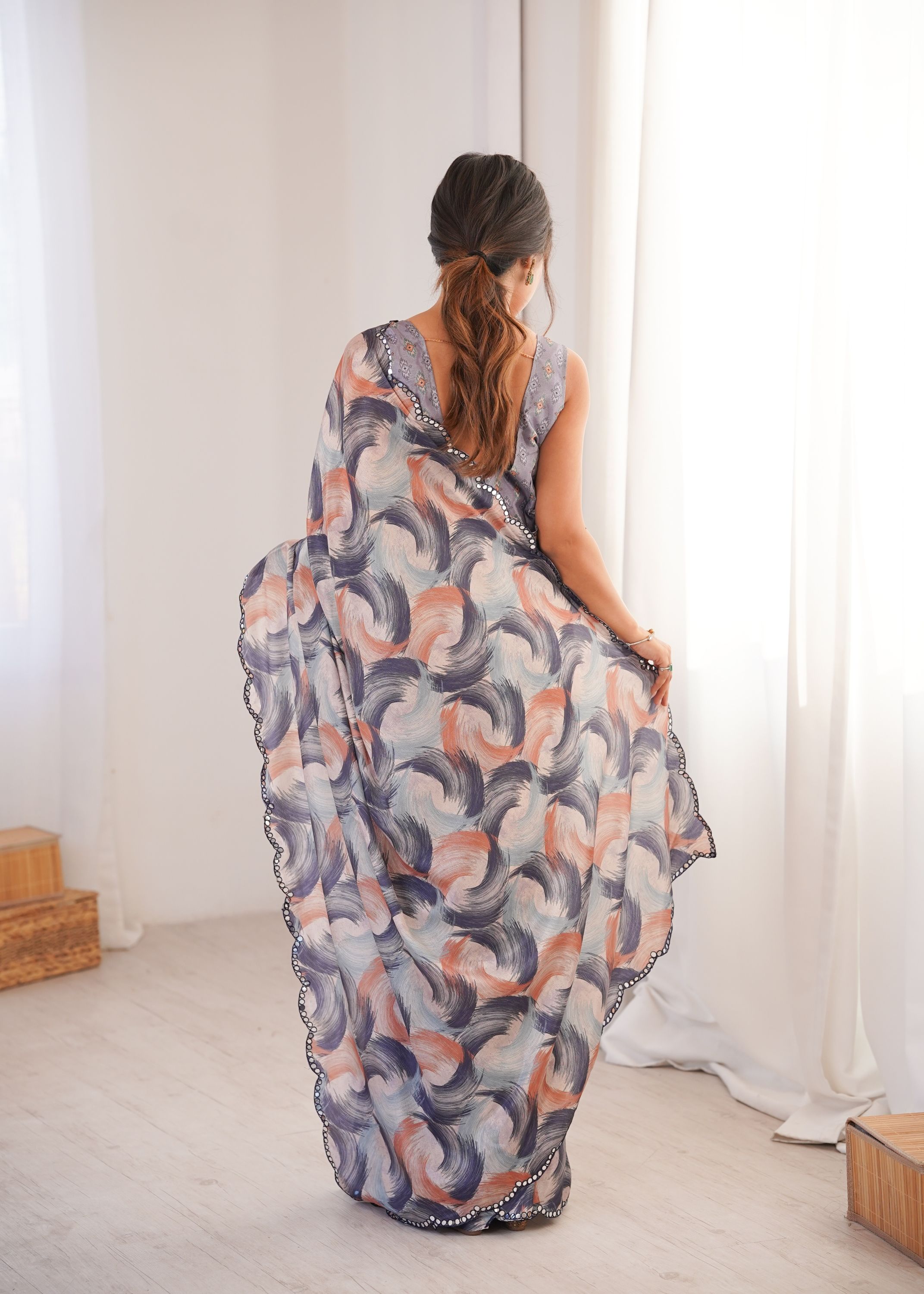 Grey Chinon Printed Mirror Work Saree — alternate view