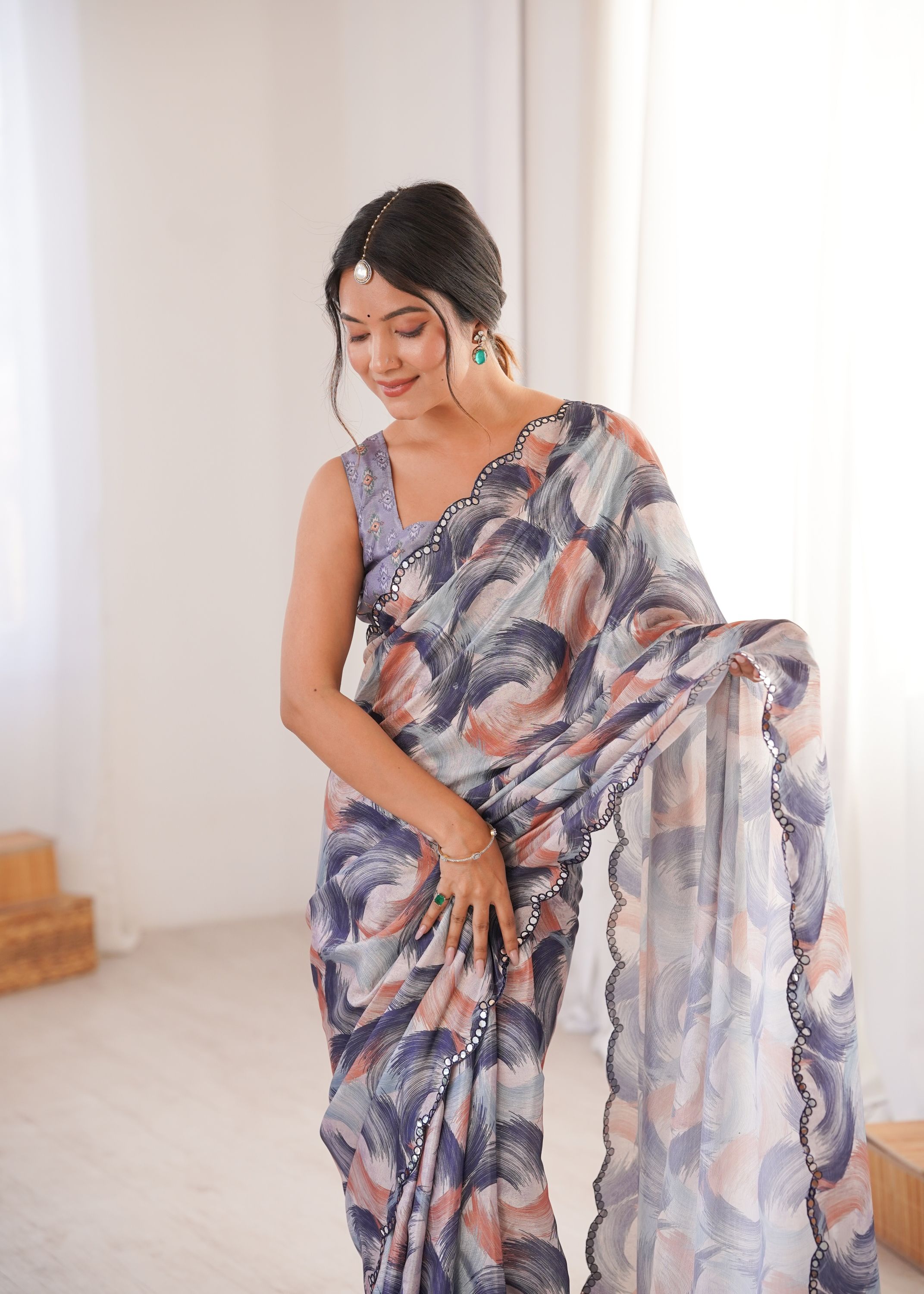 Grey Chinon Printed Mirror Work Saree