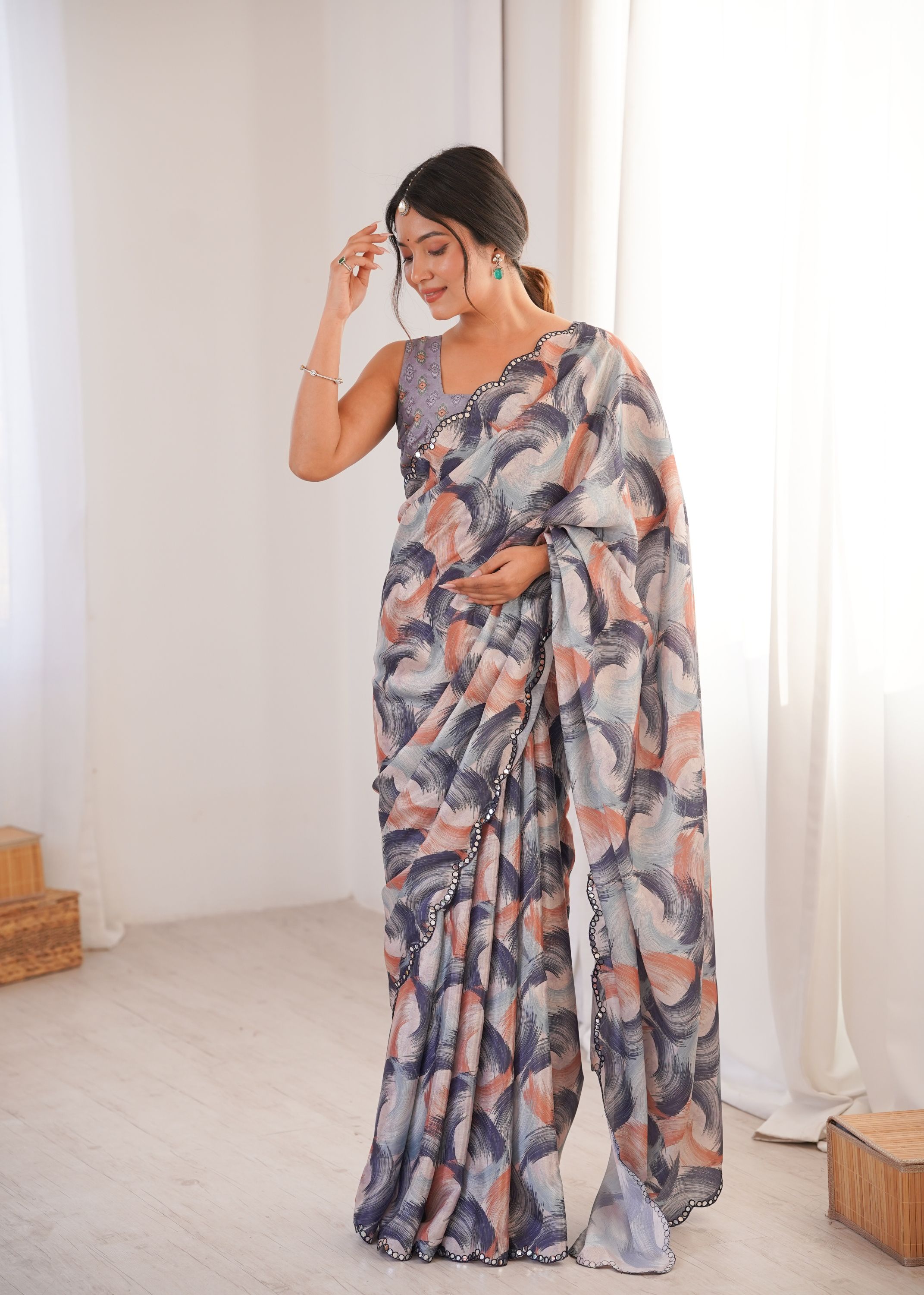 Grey Chinon Printed Mirror Work Saree