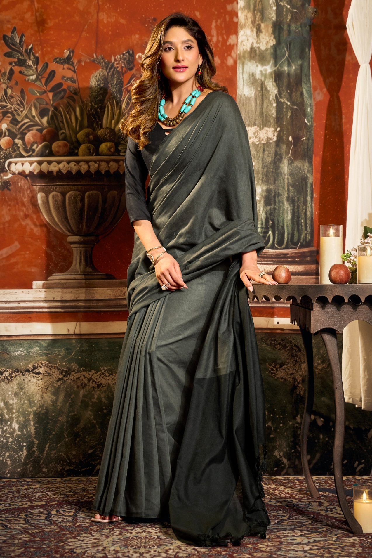 Grey Contrast Tassel Mal Cotton Saree