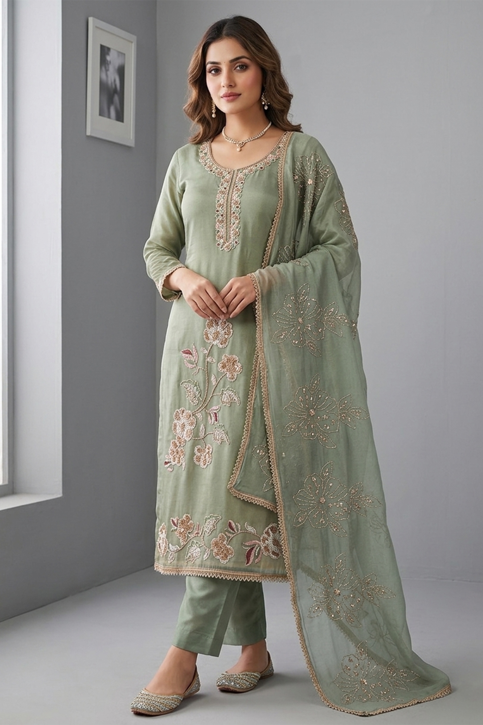 Grey Designer Bits Embroidery Salsa Straight Suit