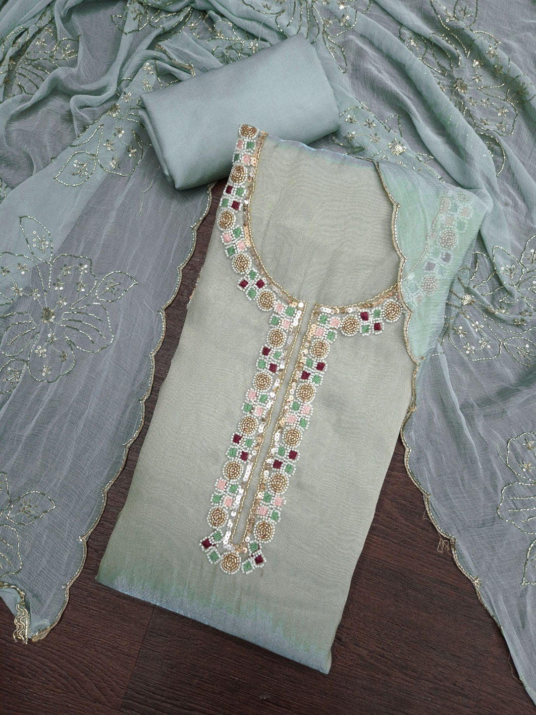 Grey Designer Bits Embroidery Salsa Straight Suit — alternate view