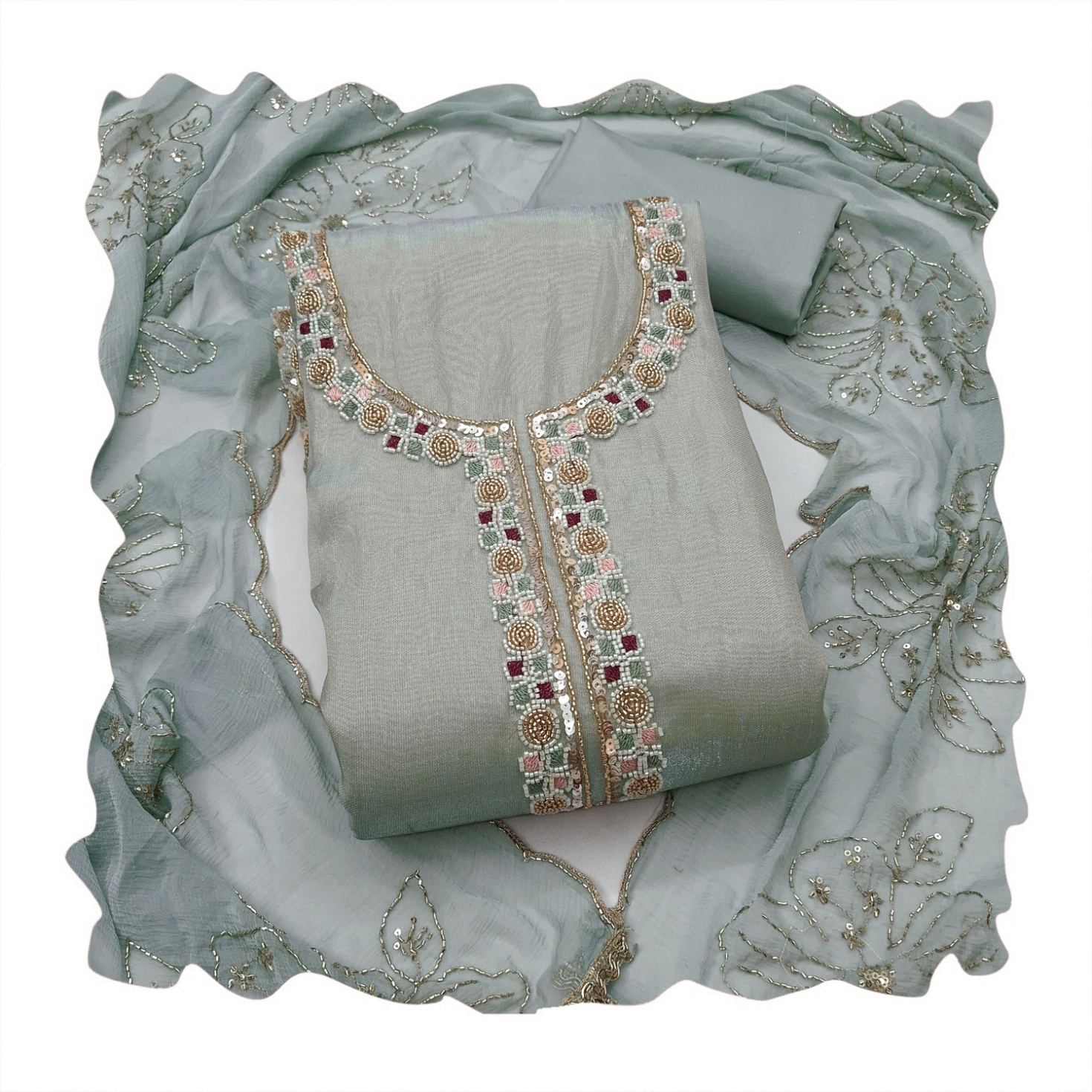 Grey Designer Bits Embroidery Salsa Straight Suit