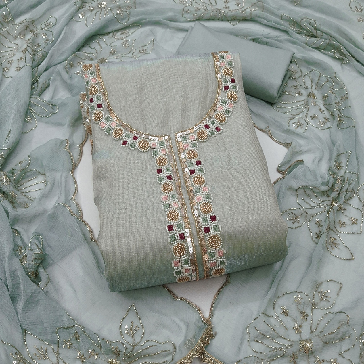 Grey Designer Bits Embroidery Salsa Straight Suit