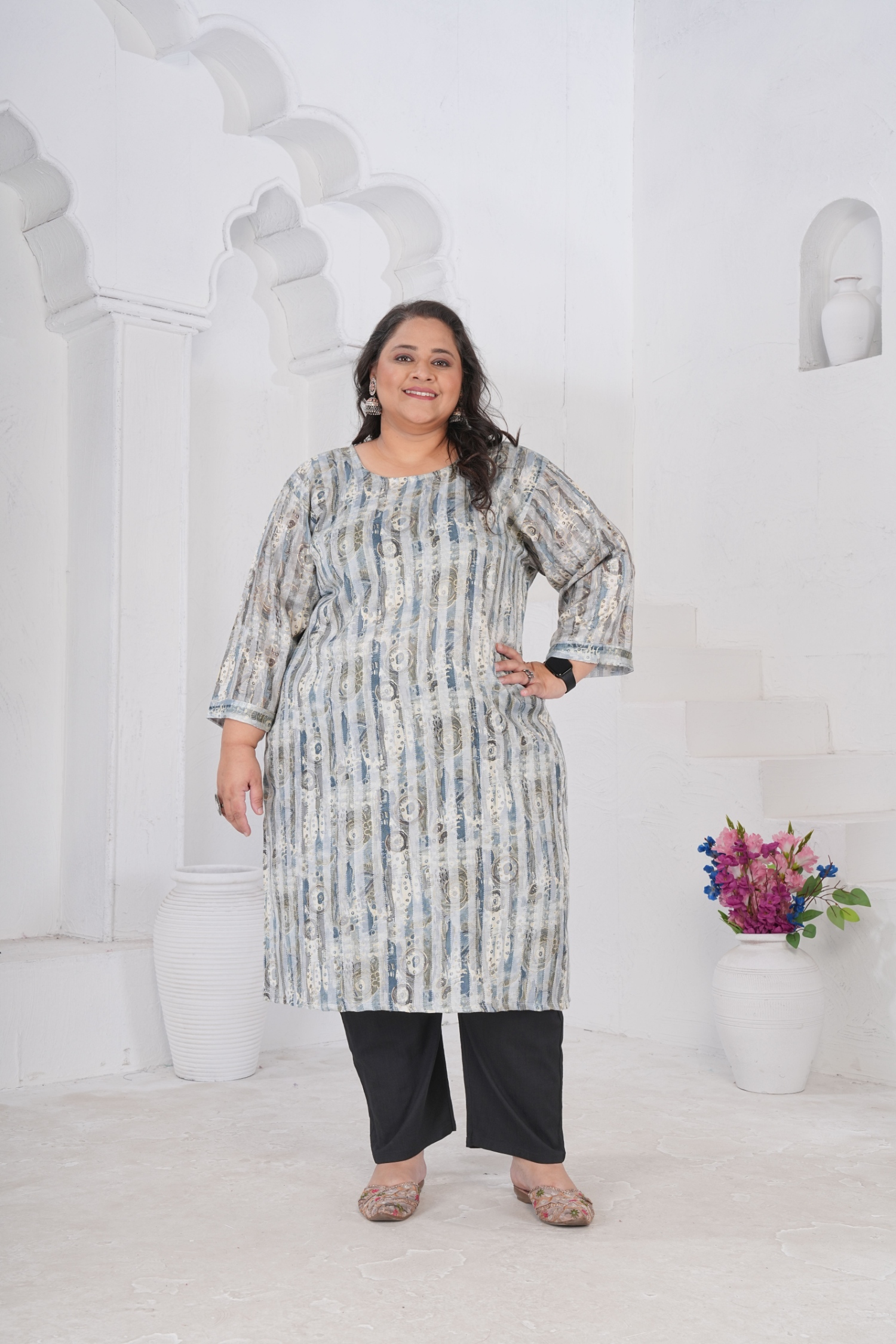 Grey Designer Printed Rayon Slub Kurti