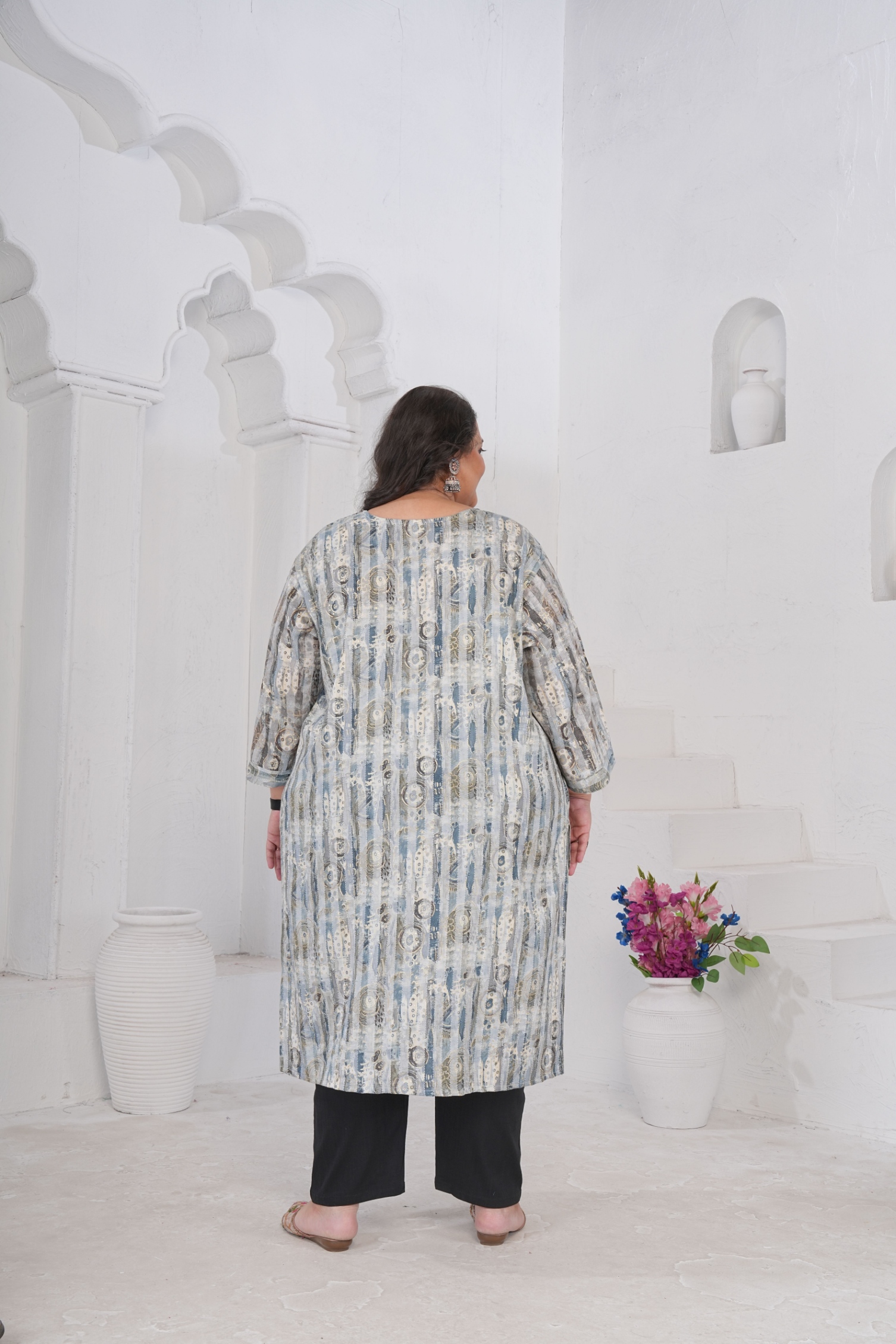 Grey Designer Printed Rayon Slub Kurti — alternate view
