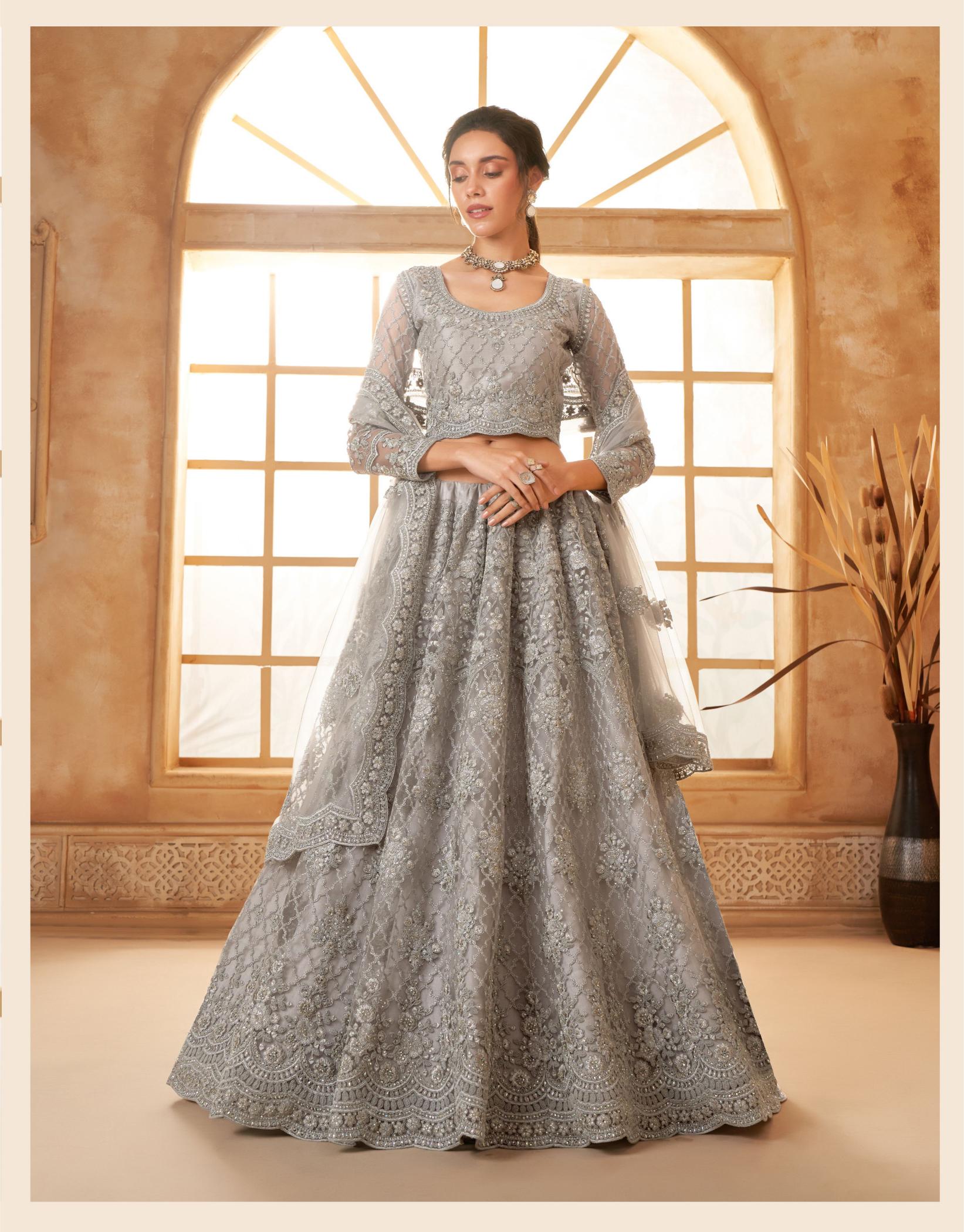 Grey Designer Wedding Soft Net Lehenga