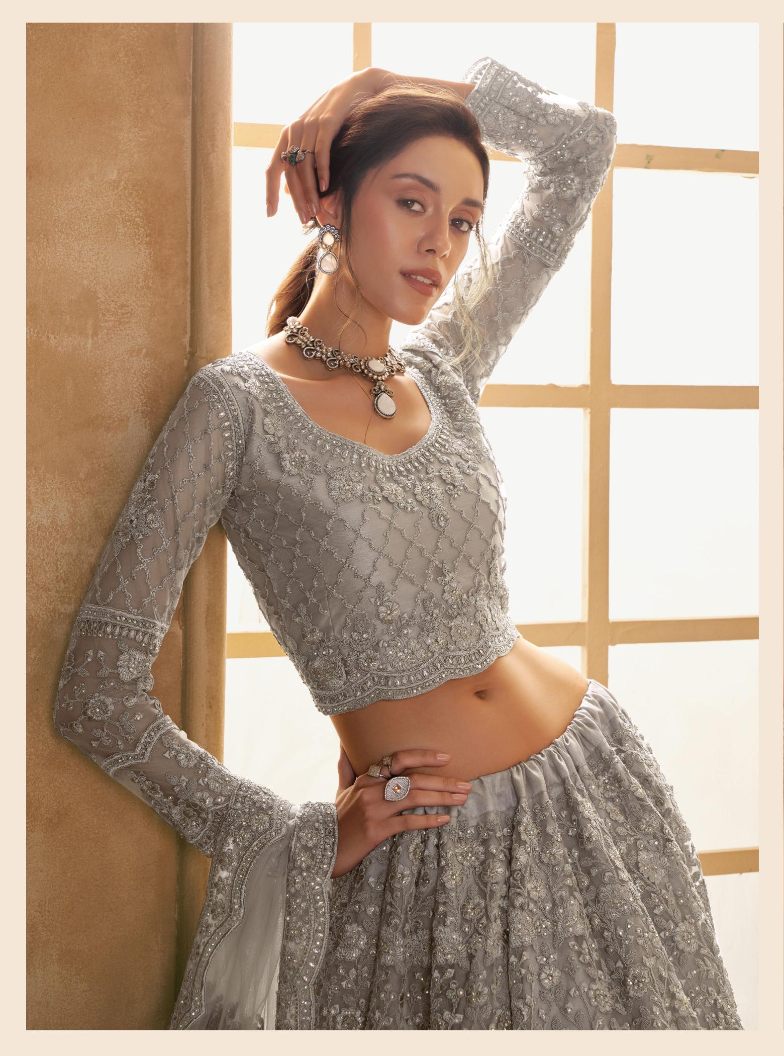 Grey Designer Wedding Soft Net Lehenga — alternate view