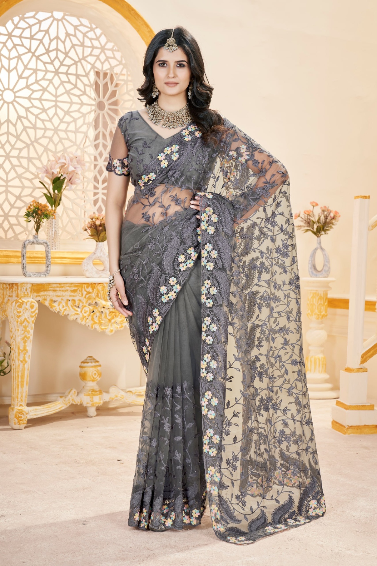 Grey Embroidered Butterfly Net Saree