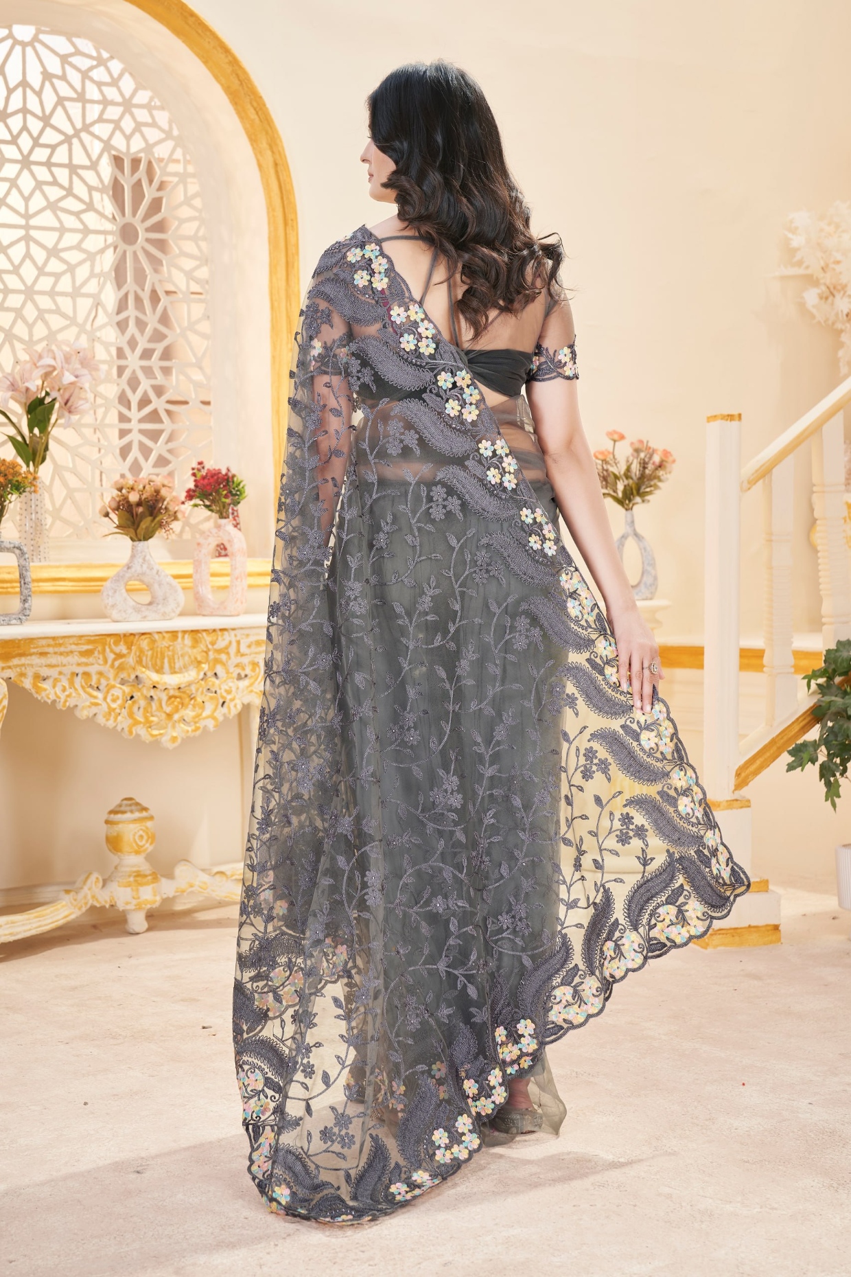 Grey Embroidered Butterfly Net Saree — alternate view