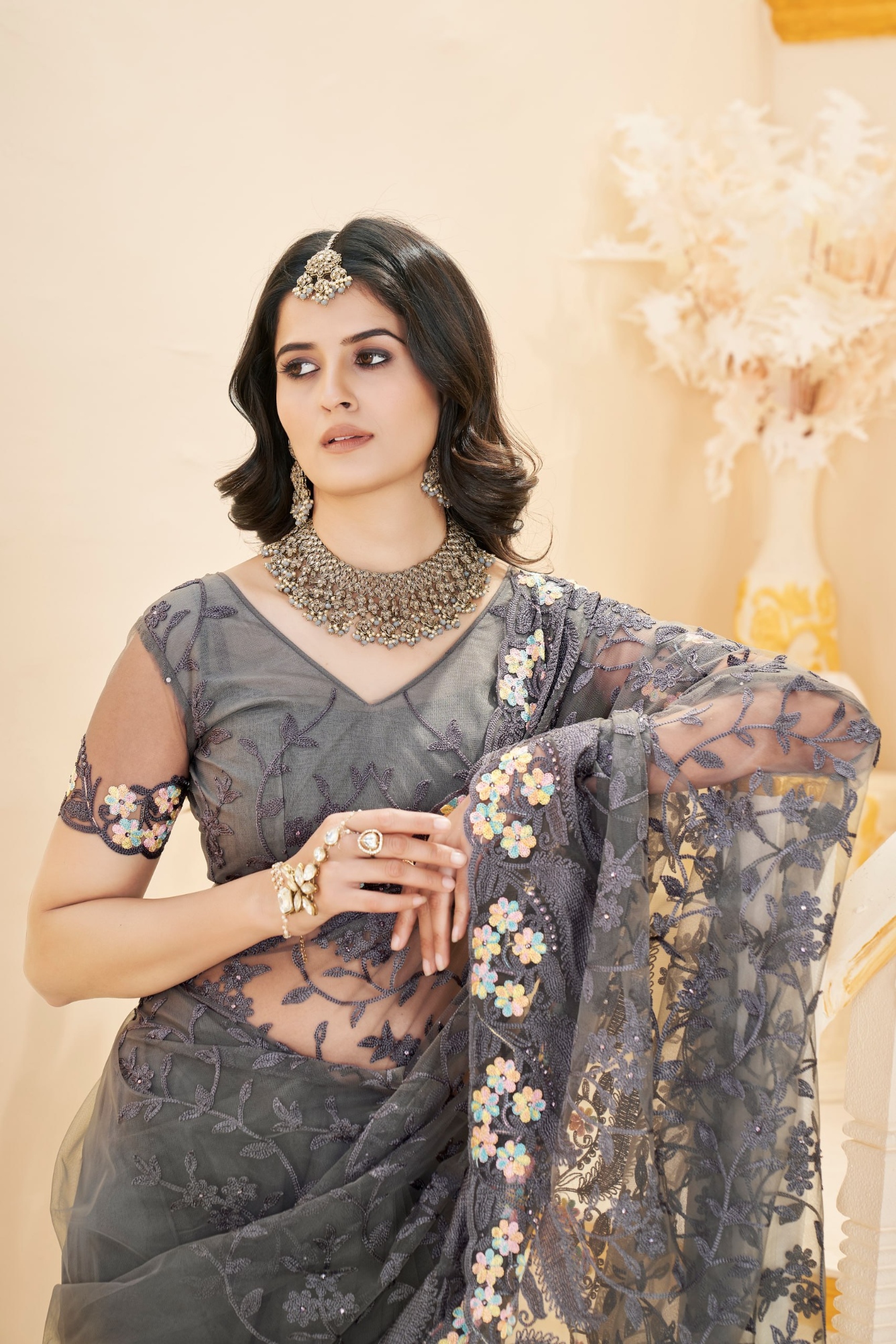 Grey Embroidered Butterfly Net Saree