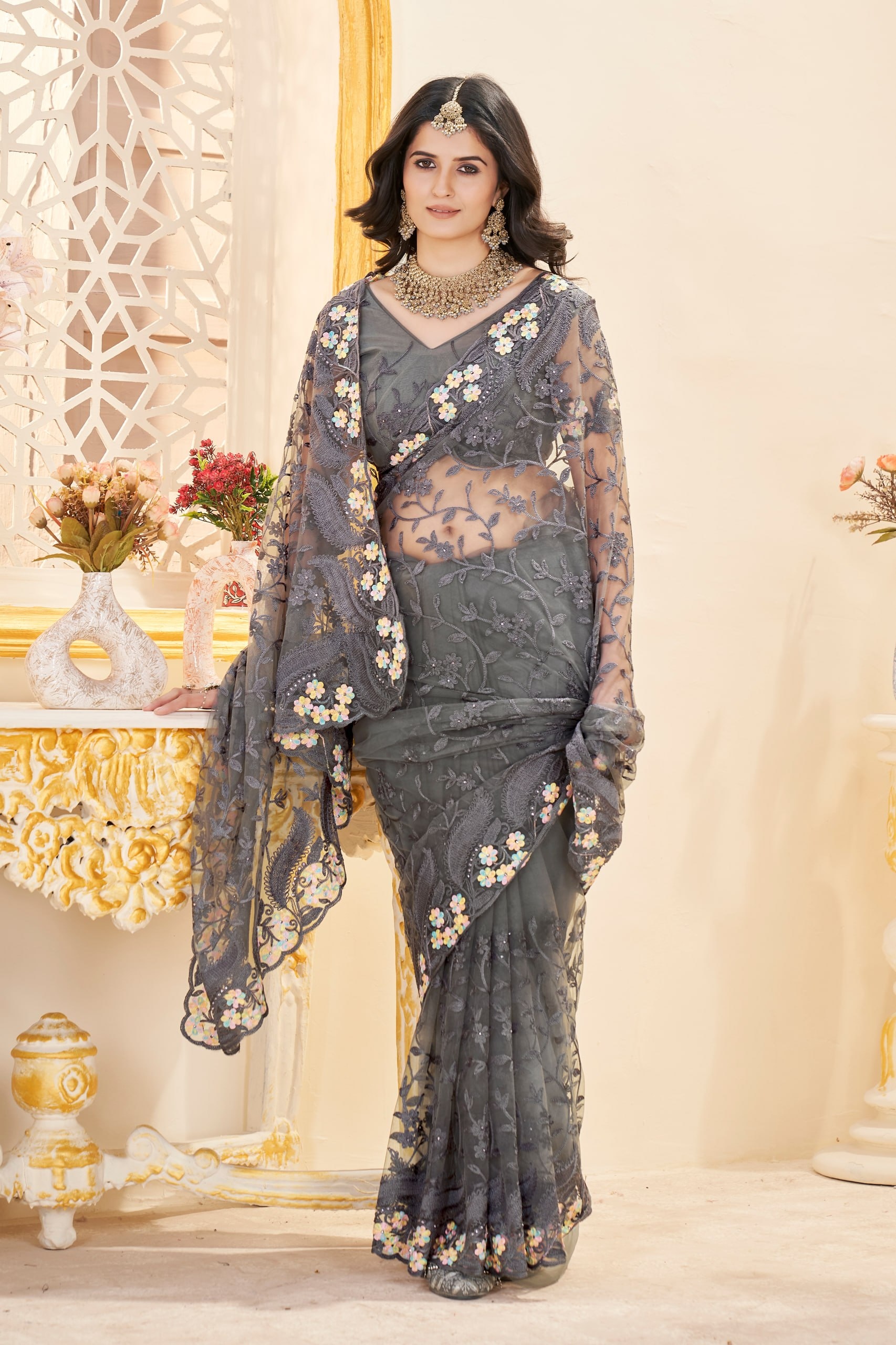 Grey Embroidered Butterfly Net Saree