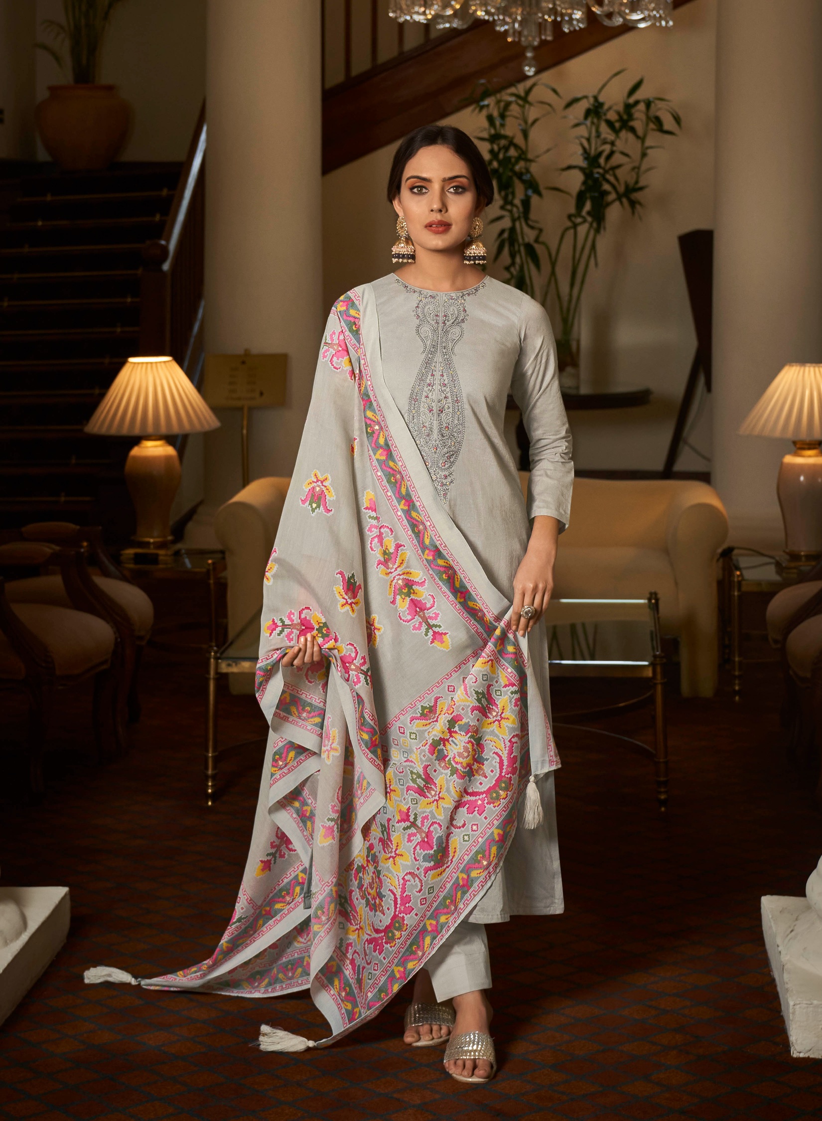 Grey Embroidered Cambric Cotton Straight Salwar Suit