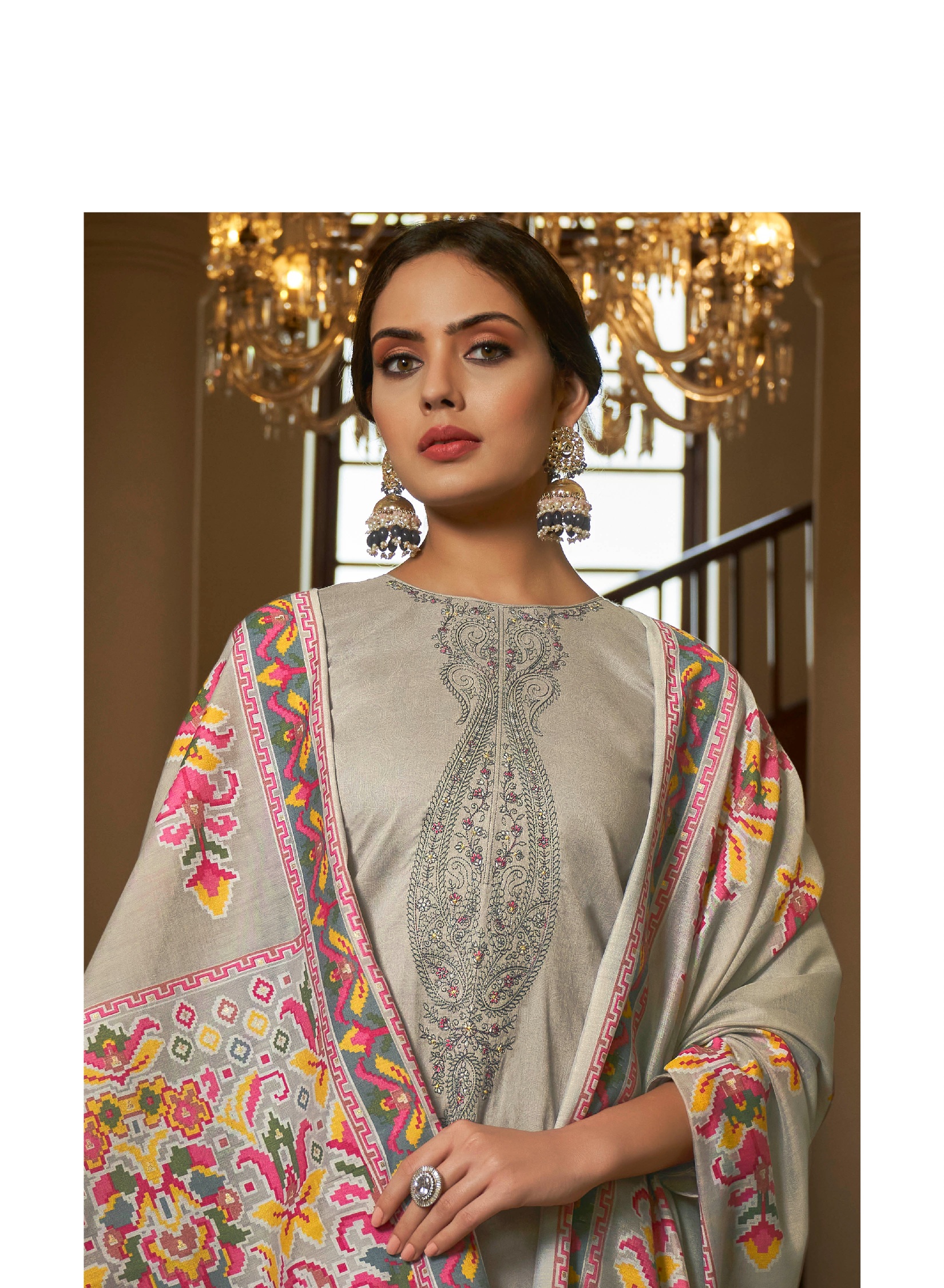 Grey Embroidered Cambric Cotton Straight Salwar Suit